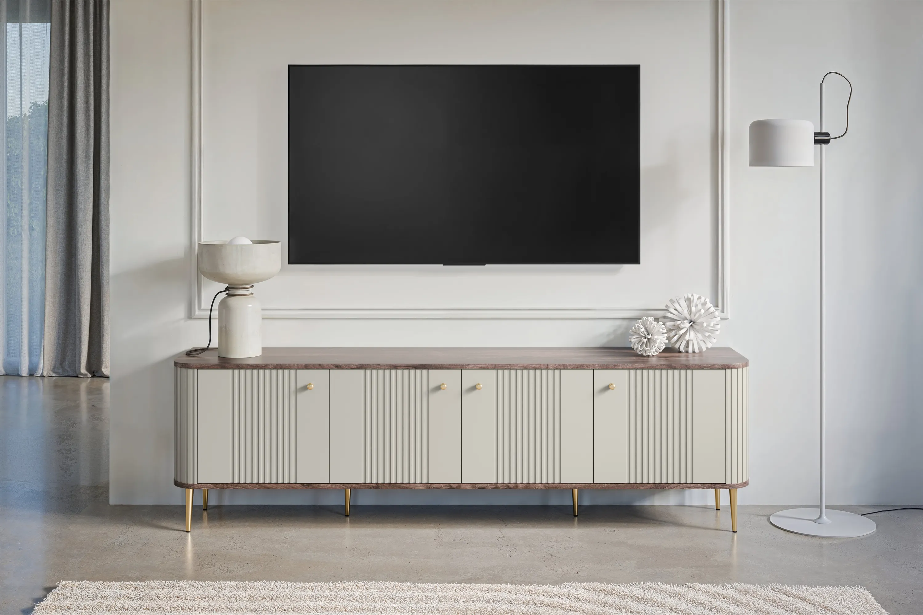 Szafka RTV 4-drzwiowa VESPER RTV 187 ryflowany front cashmere orzech złote nogi - B_163738