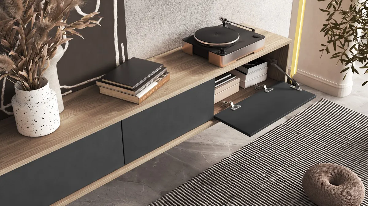 Szafka RTV FRIDA stojąca wisząca 3-drzwiowa dąb olejowany antracyt 180x36x32cm - 24DJMT38