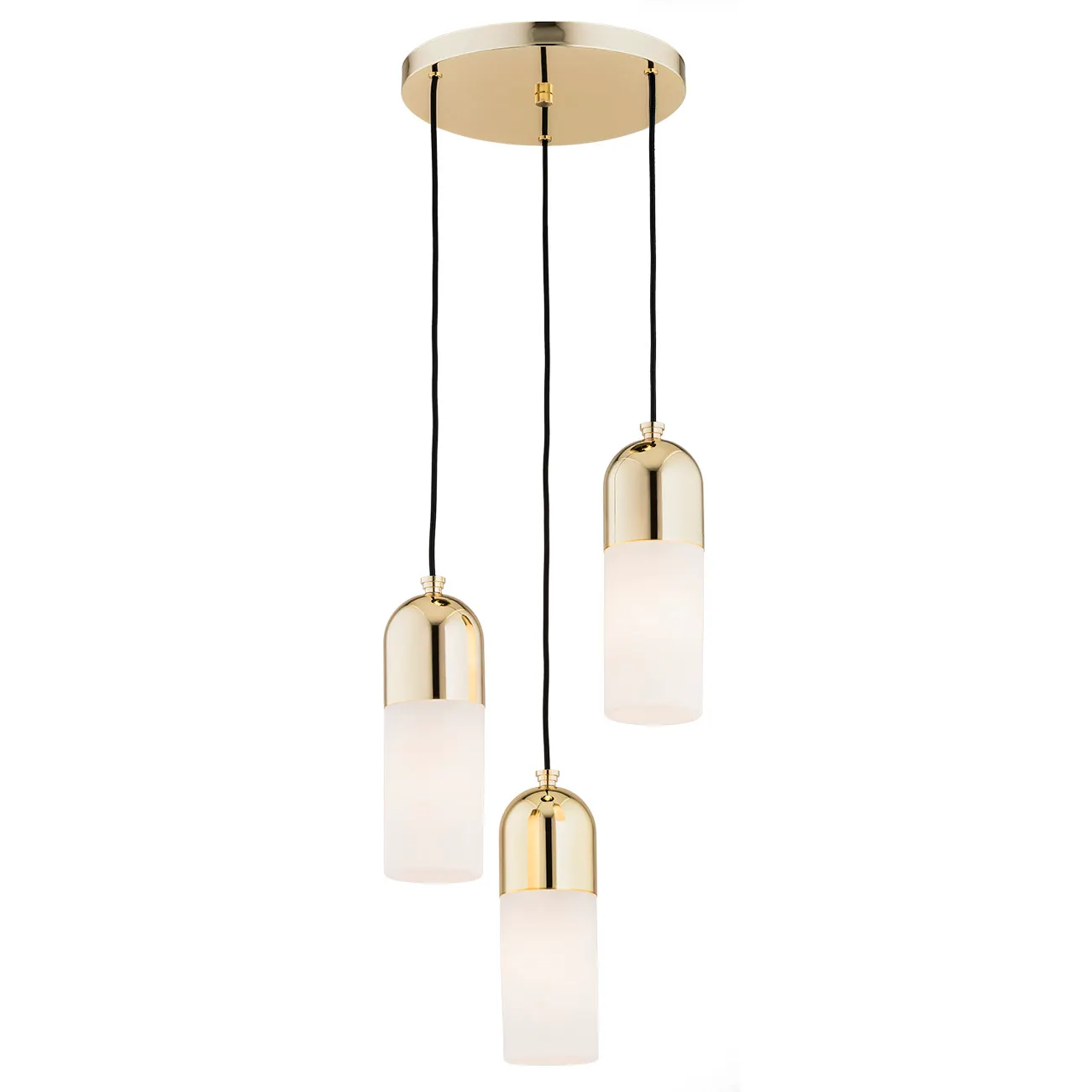 Lampa wisząca BURGOS okrągła podstawa mosiądz czarne przewody białe klosze 113x36cm
