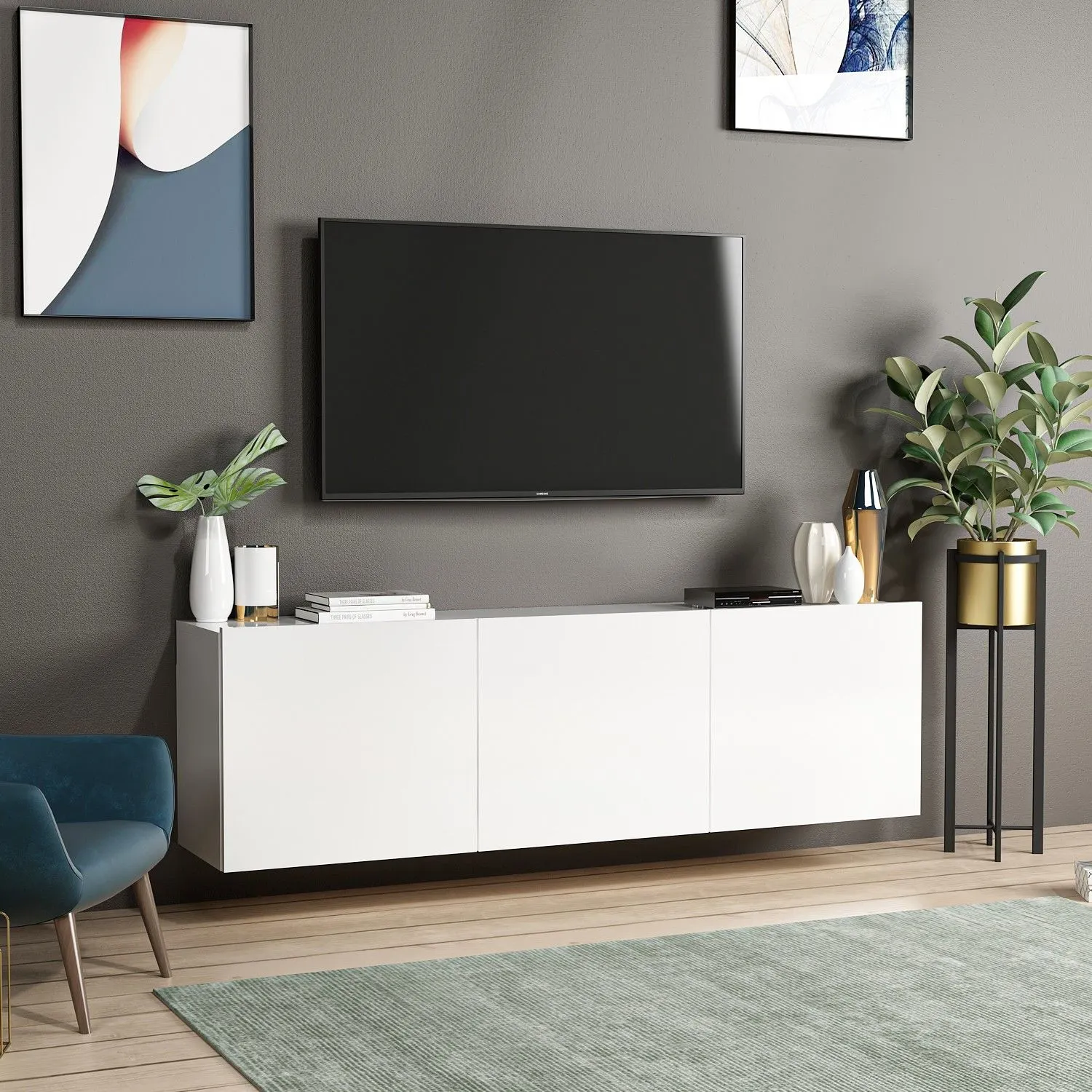 Szafka RTV wisząca 3-drzwiowa WHITE 150 cm biała