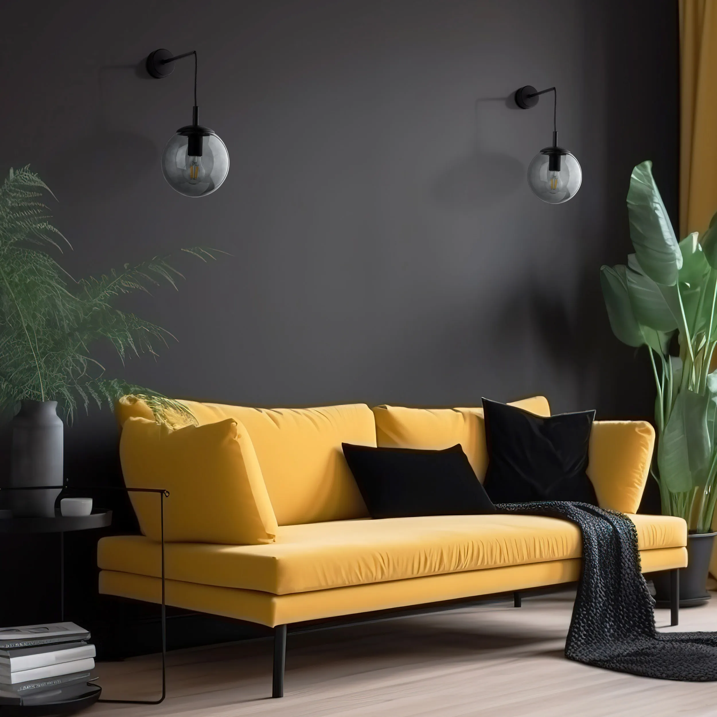 Kinkiet ESME czarny z szarym szklanym okrągłym kloszem 45x28x20cm - TK_5386