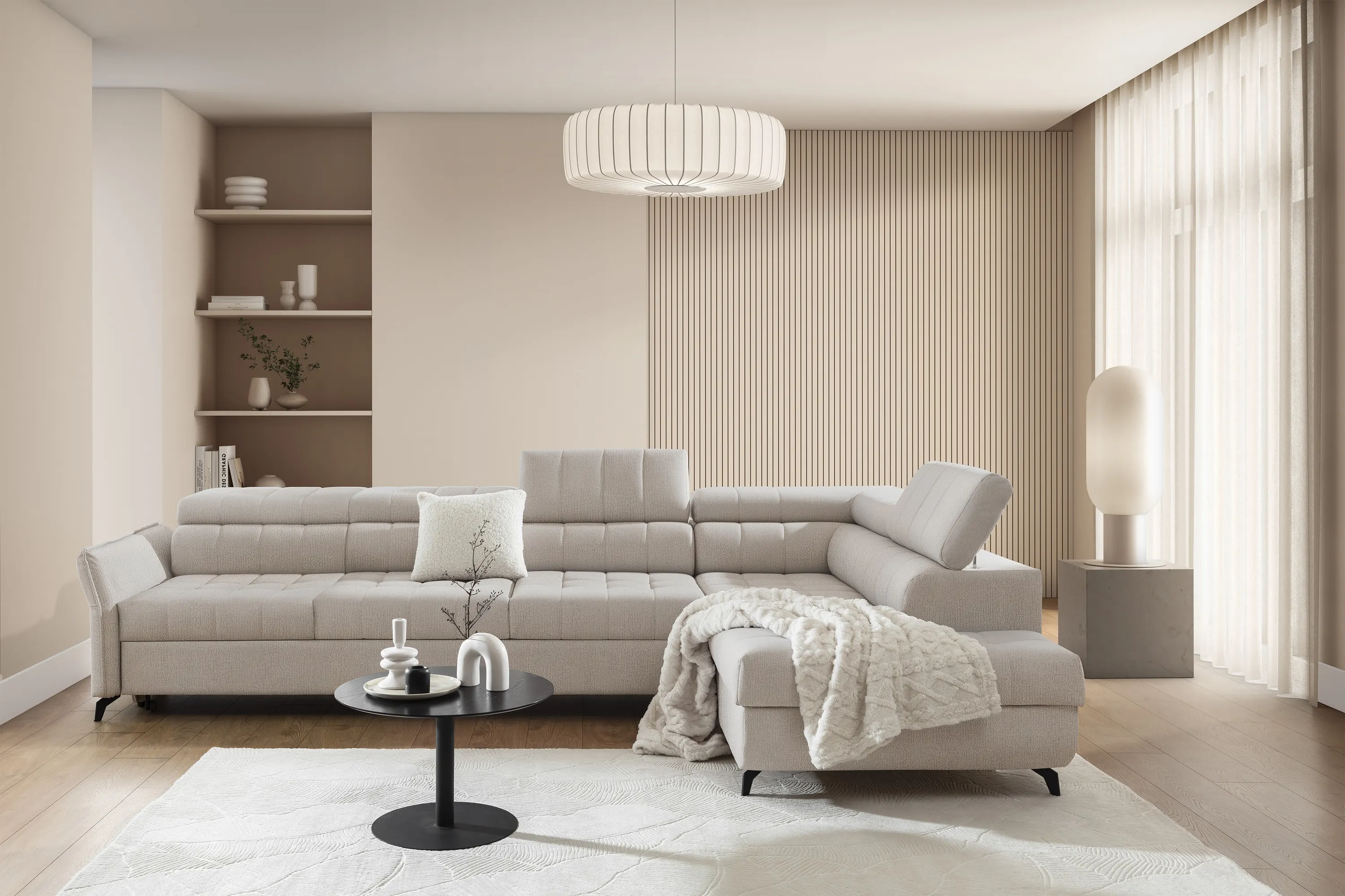 Narożnik prawostronny ELARIAS MAXI regulacja zagłówka i podłokietników tkanina Perfect harmony 07 beżowy - B_168604