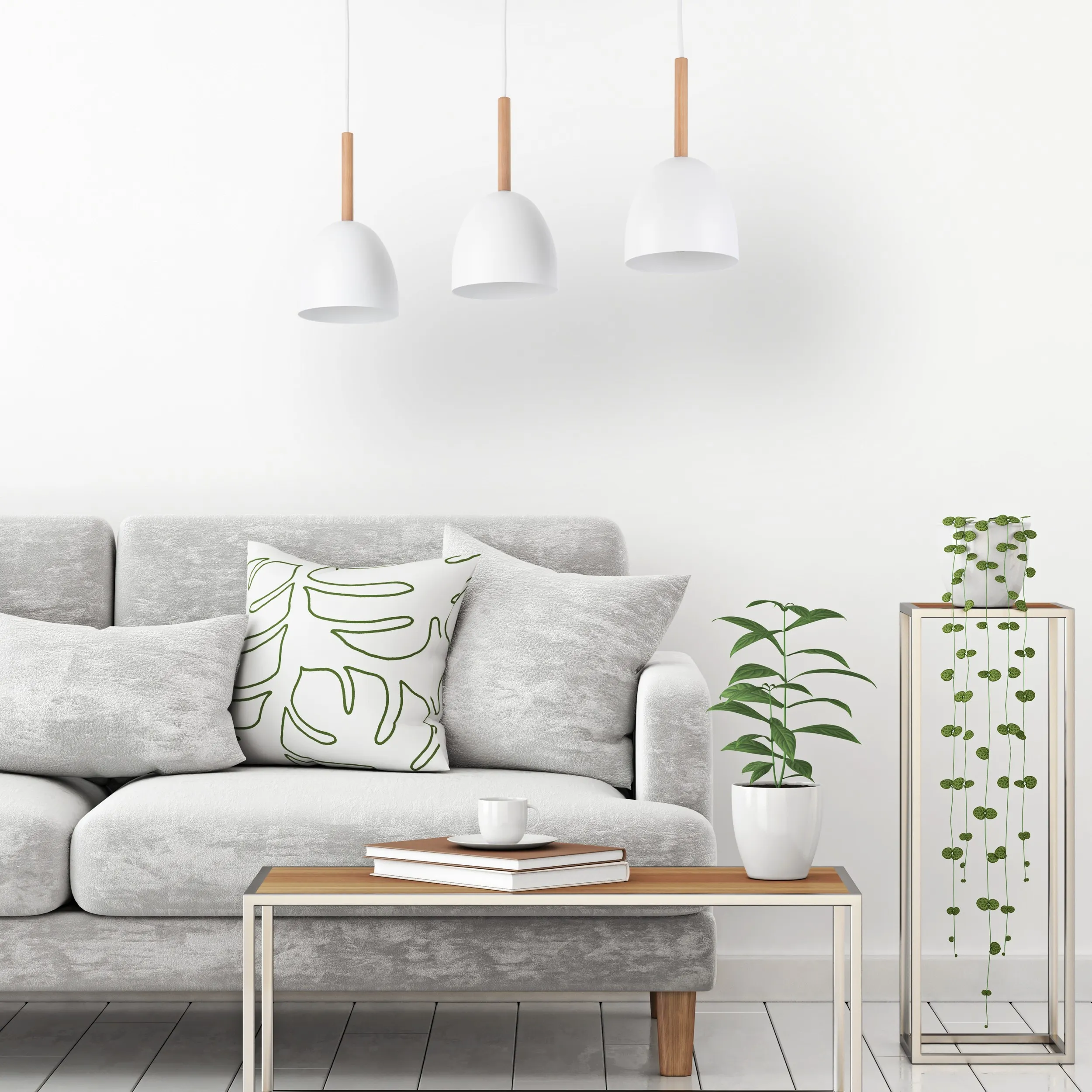 Lampa wisząca NORD biała z drewnianymi elementami na metalowej listwie 130x68x13cm - TK_4869