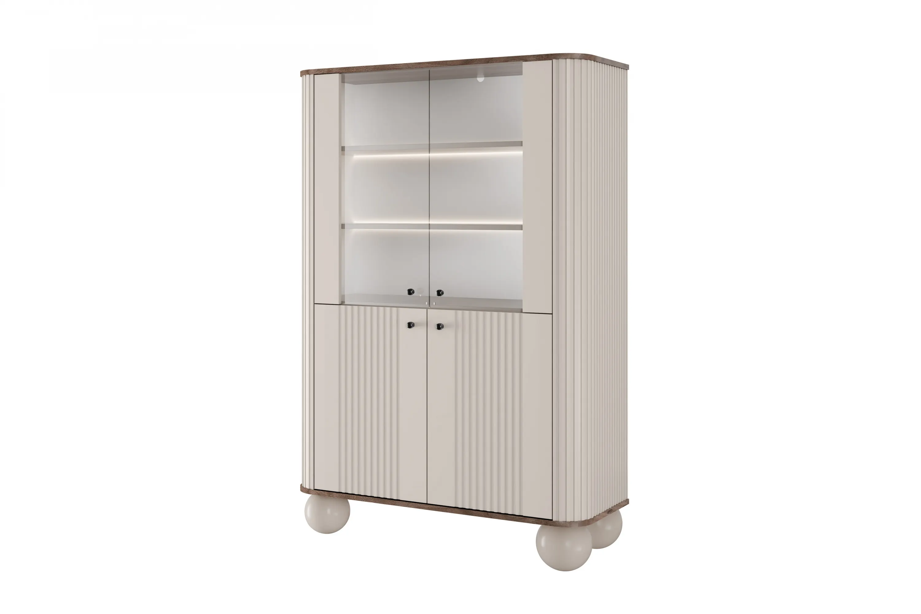 Witryna 4-drzwiowa z oświetleniem VESPER 103 ryflowany front cashmere orzech czarne uchwyty nogi kule
