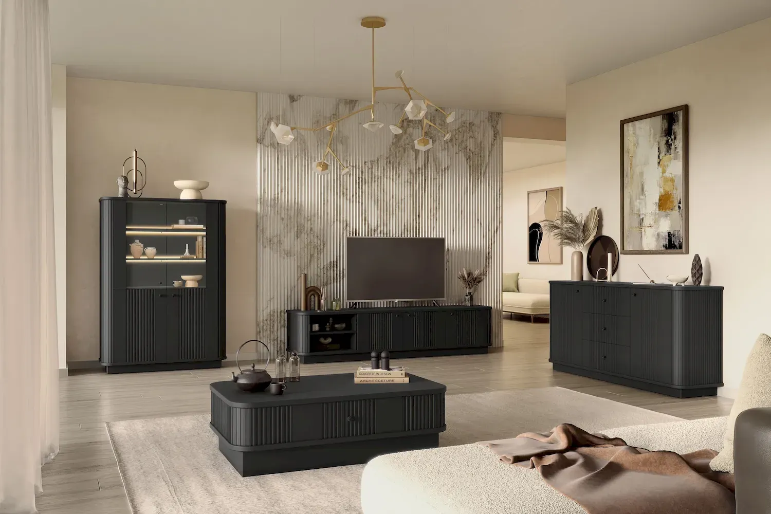 Komoda 2-drzwiowa z 3 szufladami VESPER 160 ryflowany front - czarny czarne uchwyty cokół - B_169444