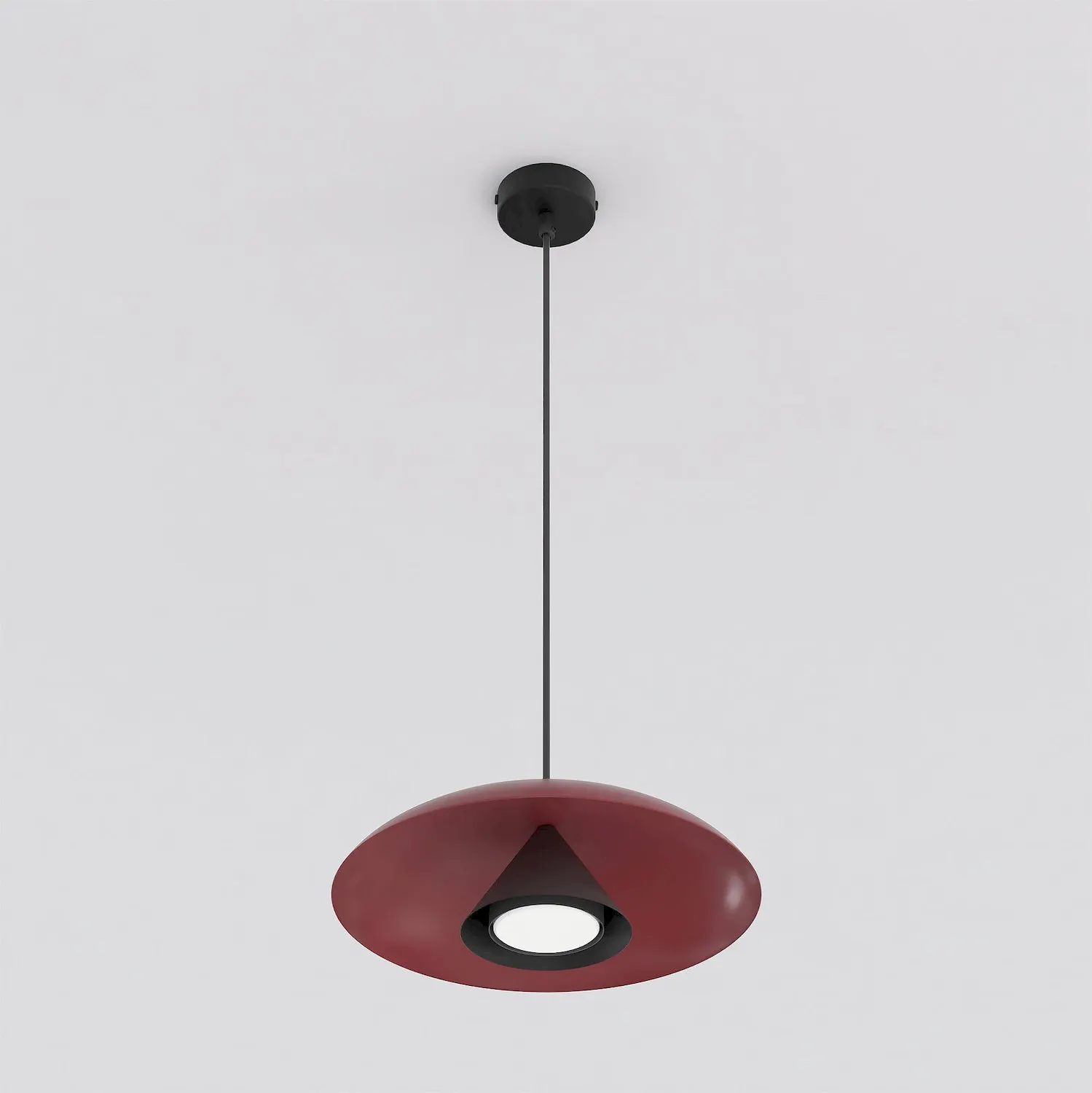 lampa wisząca, kinkiet sufitowy, kolor czerwony, metalowy osłona, poziom jasności