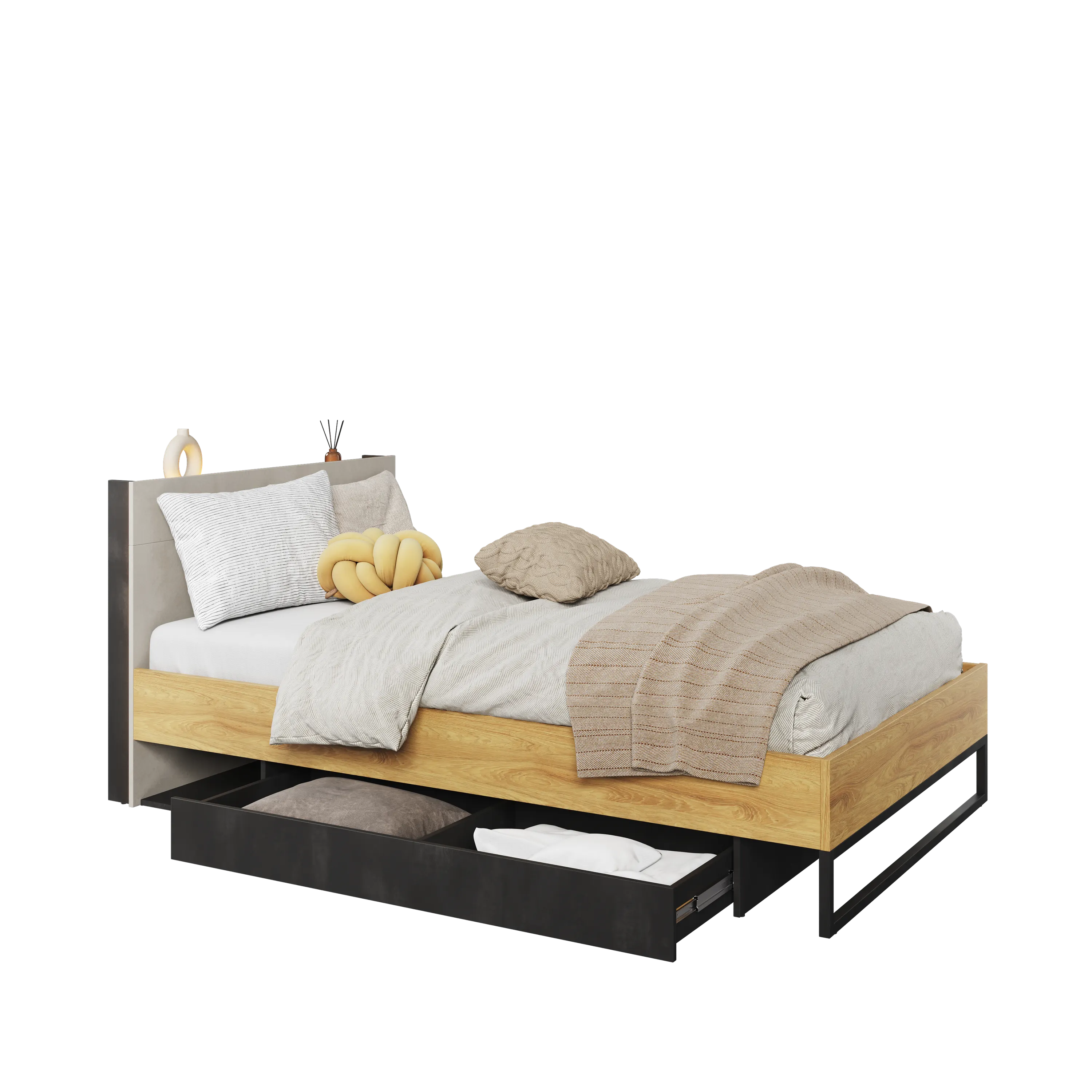 Łóżko ze stelażem Teen Flex TF-17 120x200 hikora naturalna/silk flou/surowa stal - TF17SFH