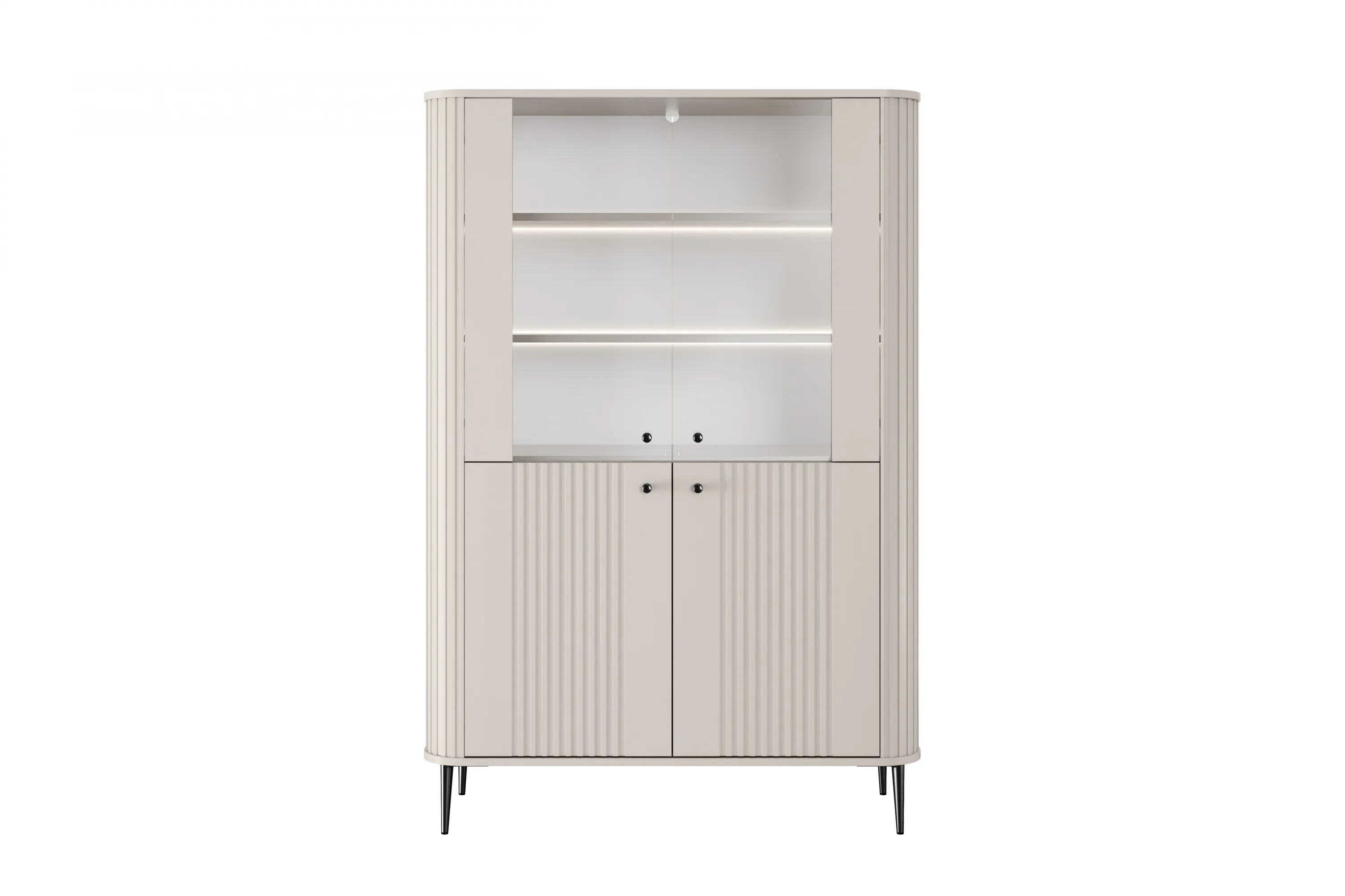 Witryna 4-drzwiowa z oświetleniem VESPER 103 ryflowany front cashmere czarne nogi - B_167220