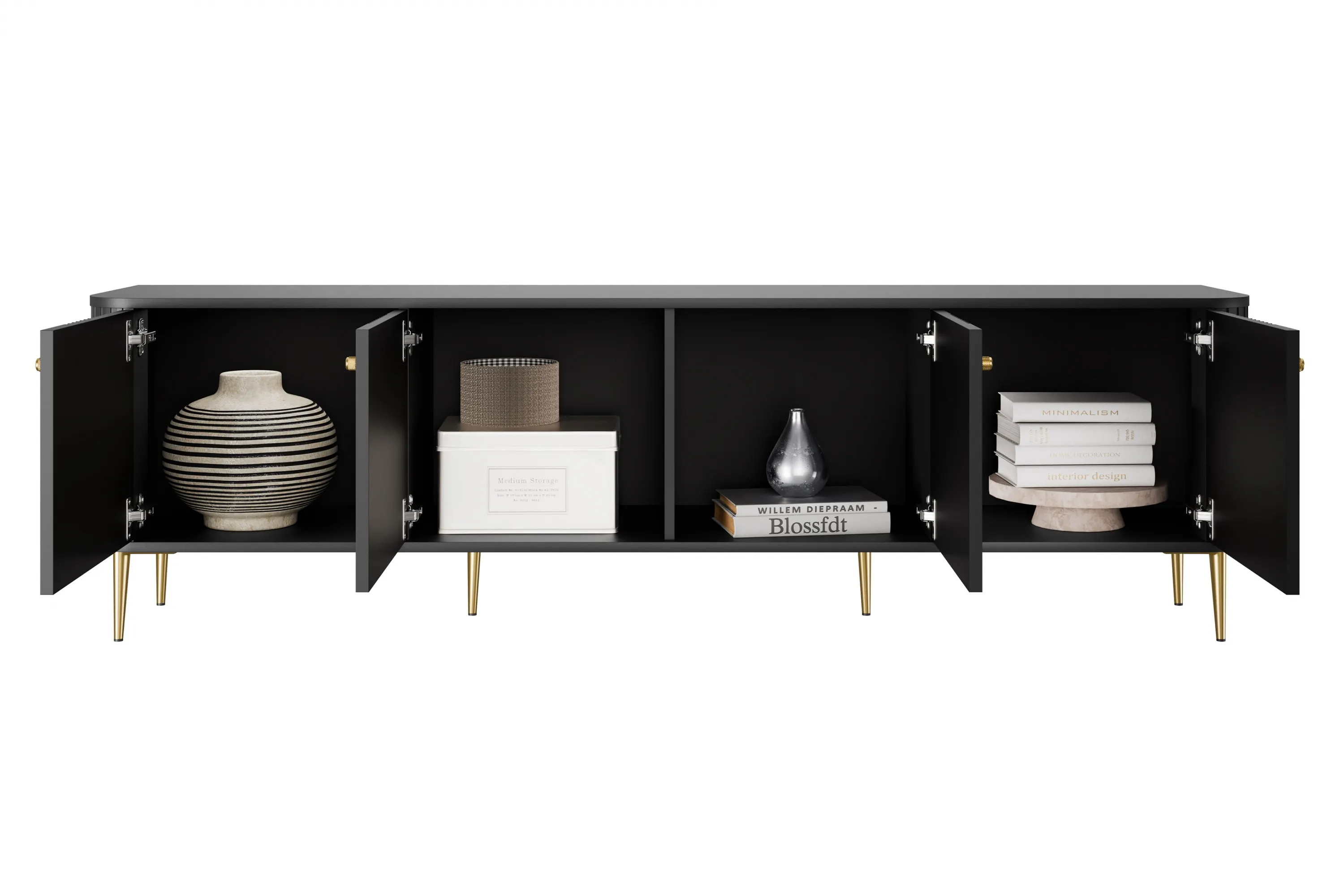 Szafka RTV 4-drzwiowa VESPER RTV 187 ryflowany front czarna złote nogi złote uchwyty - B_163767