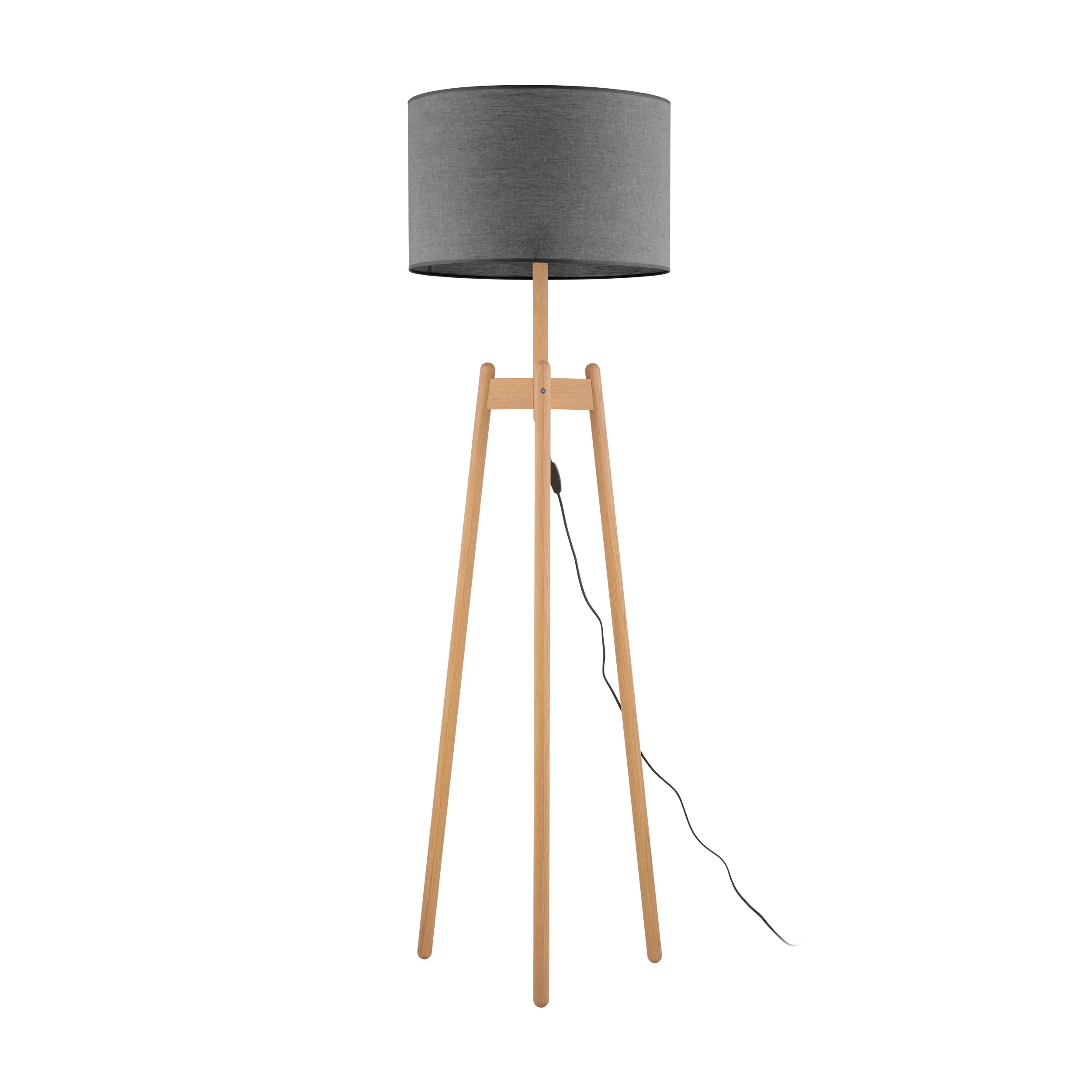 Lampa podłogowa PEREZ jasne sosnowe nogi czarny okrągły abażur z tkaniny 168x50cm
