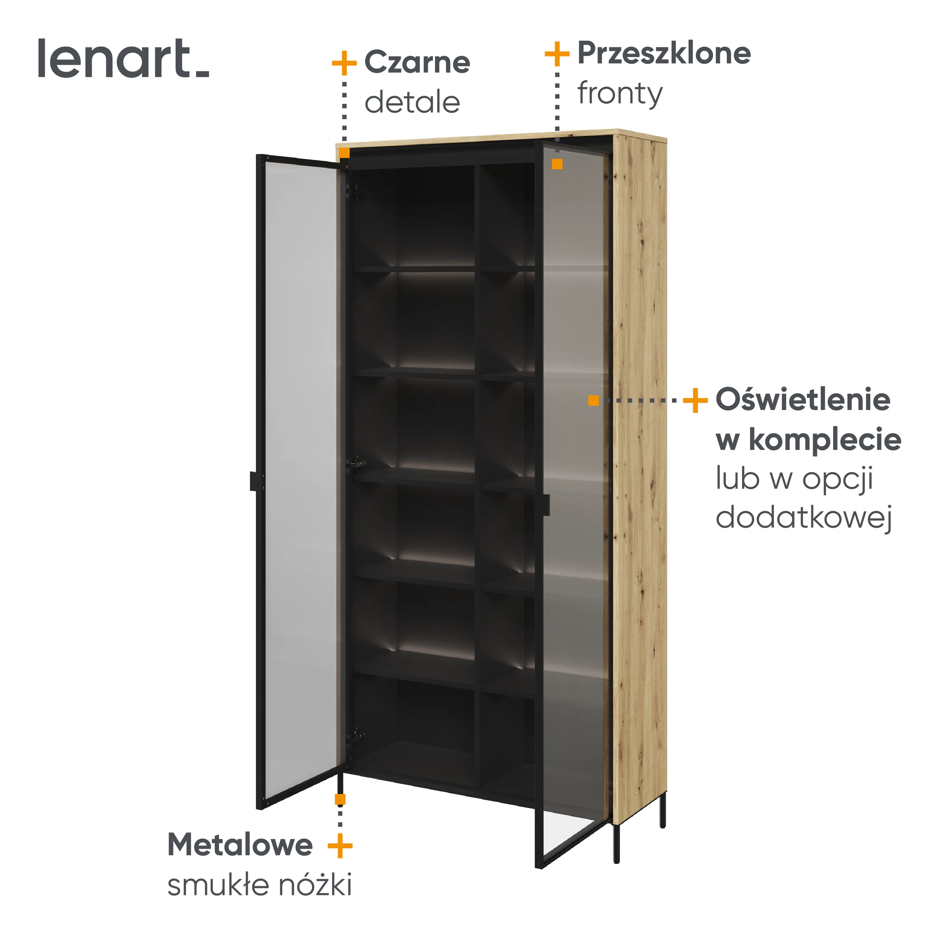 Wysoka witryna z oświetleniem TREND TR-07 2D dąb artisan/czarny - TR7DAC-V2
