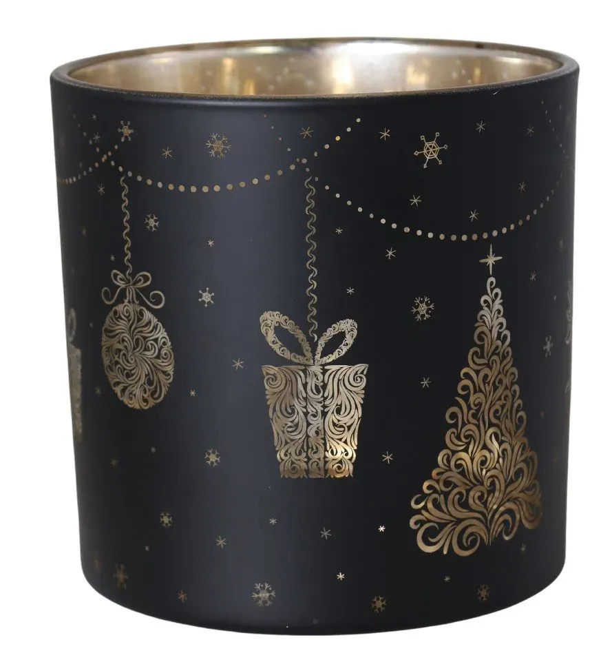 ŚWIECZNIK szklany Z CHOINKAMI duży czarny ŚWIECZNIK szklany Z CHOINKAMI duży czarny