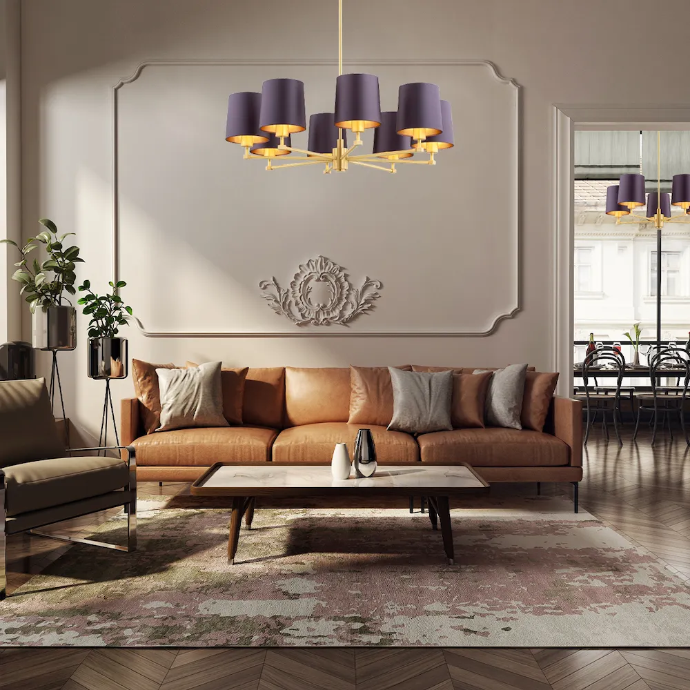image sofa, living room, poduszki, stolik kawowy, żyrandol