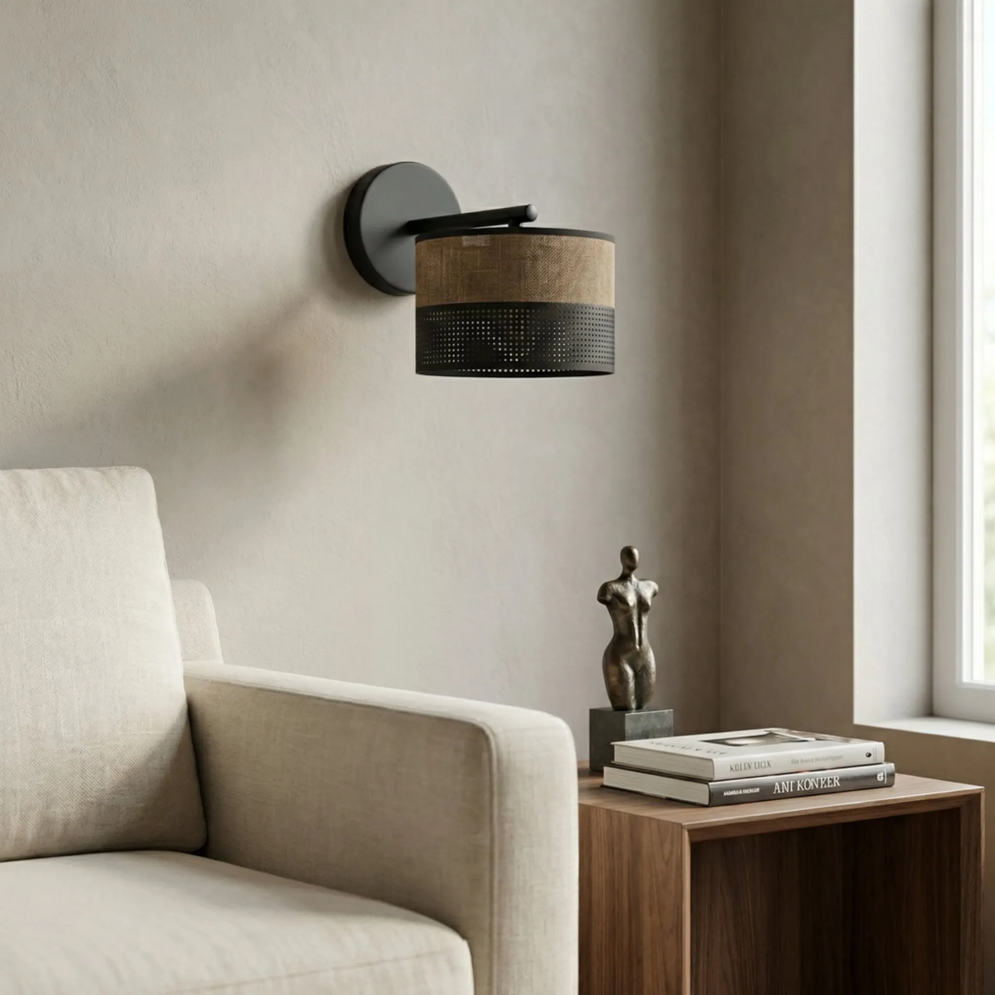 image lampa ścienna, kinkiet, metal, drewniana półka, dekor