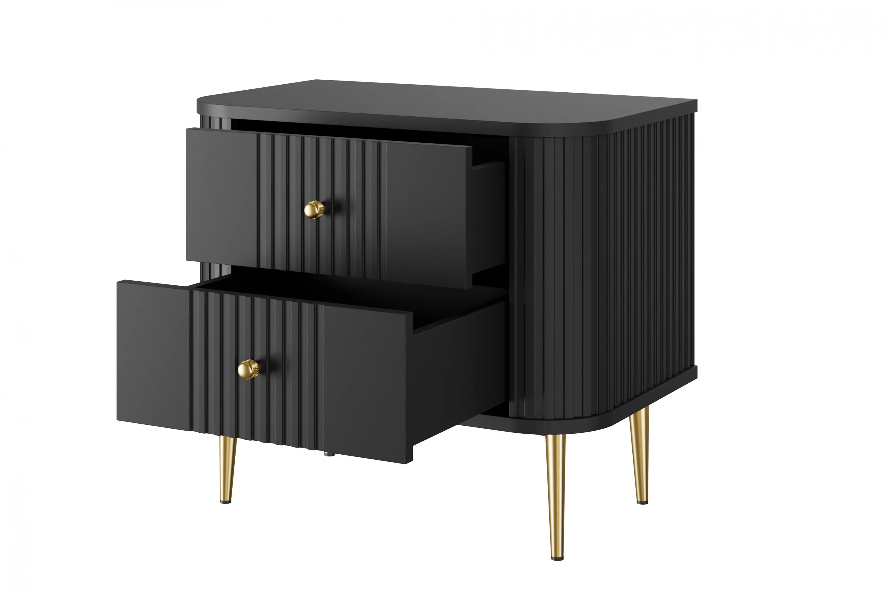 Szafka nocna z 2 szufladami VESPER 56 zestaw 2 sztuk ryflowany front czarny złote nogi - B_163843