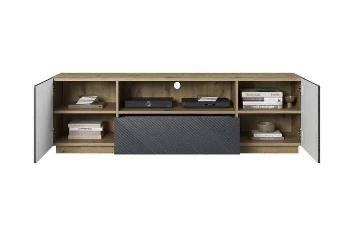 Szafka RTV ASHA 167 - szara - dąb - ryflowany front - cokół - B_50979