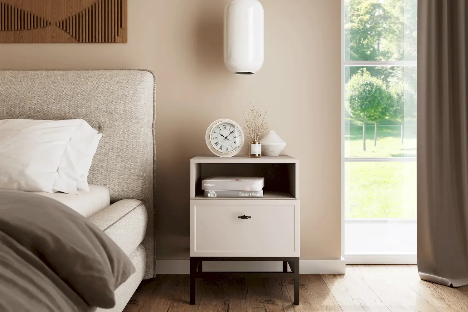 Szafka nocna z szufladą i półką LORINI 45 - cashmere uchwyt T-bar czarny stelaż czarny - B_166686