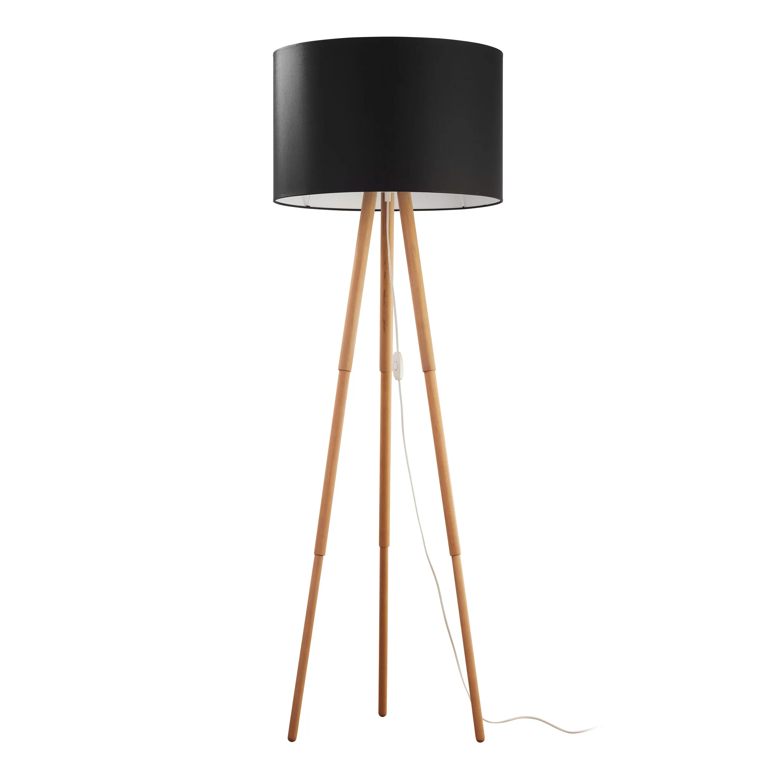 Lampa podłogowa TOKYO na jasnych sosnowych nogach czarny klosz biały wewnątrz 148x50cm