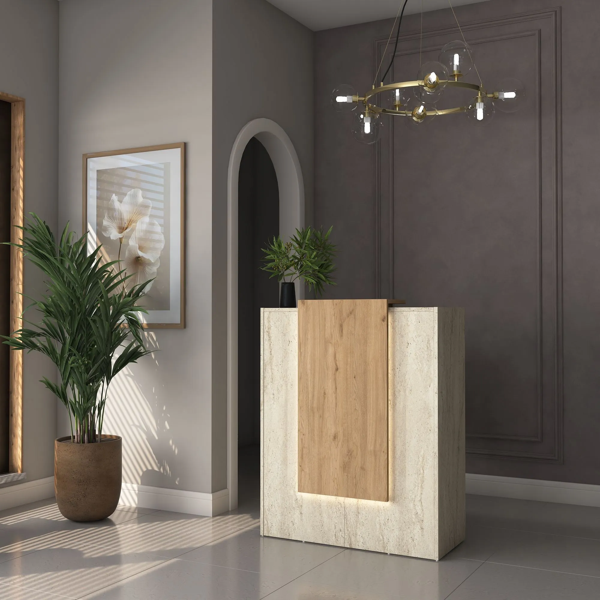 konsola recepcyjna, mebel recepcji, konstrukcja betonowa, drewno naturalne, lampa sufitowa