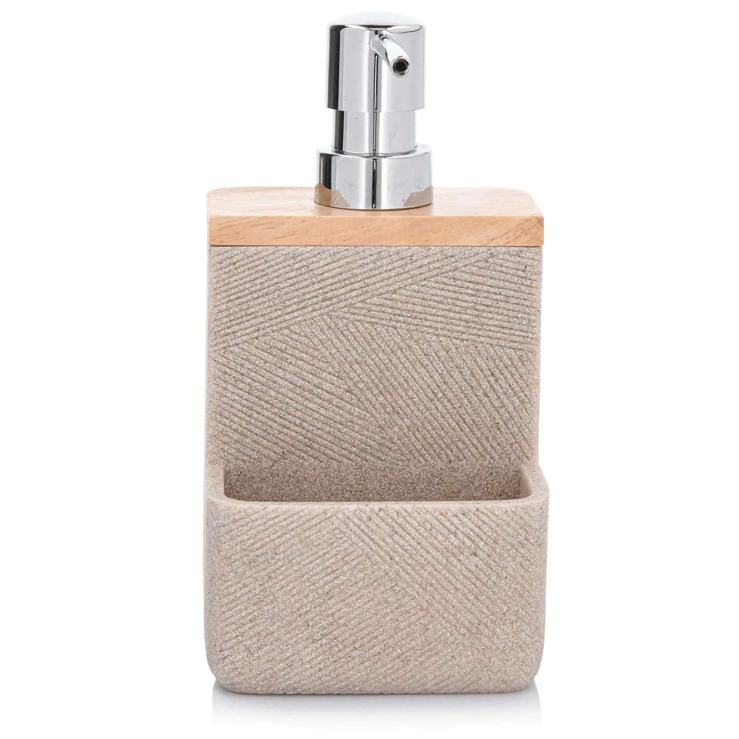 image Lotion pump, Soap dispenser, Wood accent, Stone/beige texture, Chrome top