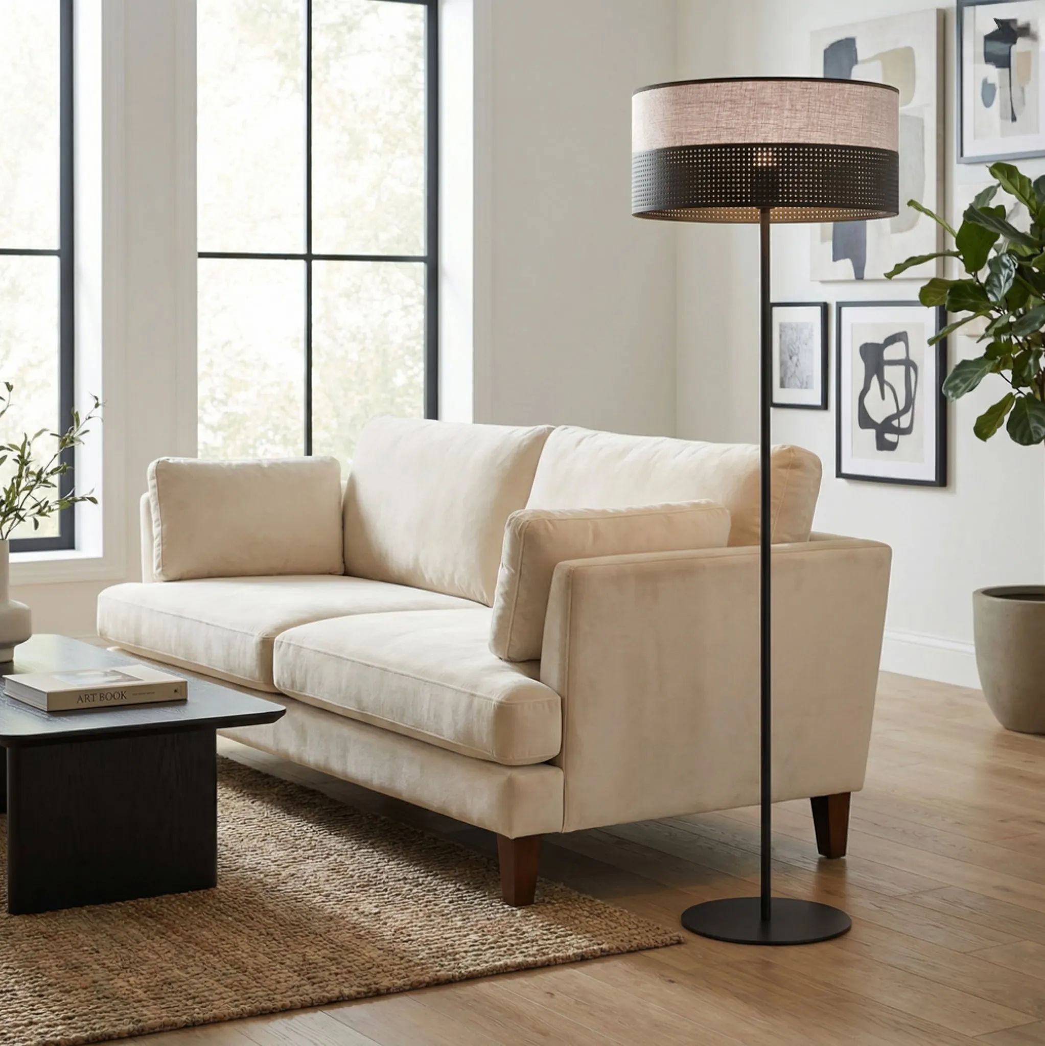 sofa, kanapa, kolor beżowy, lampa stojąca