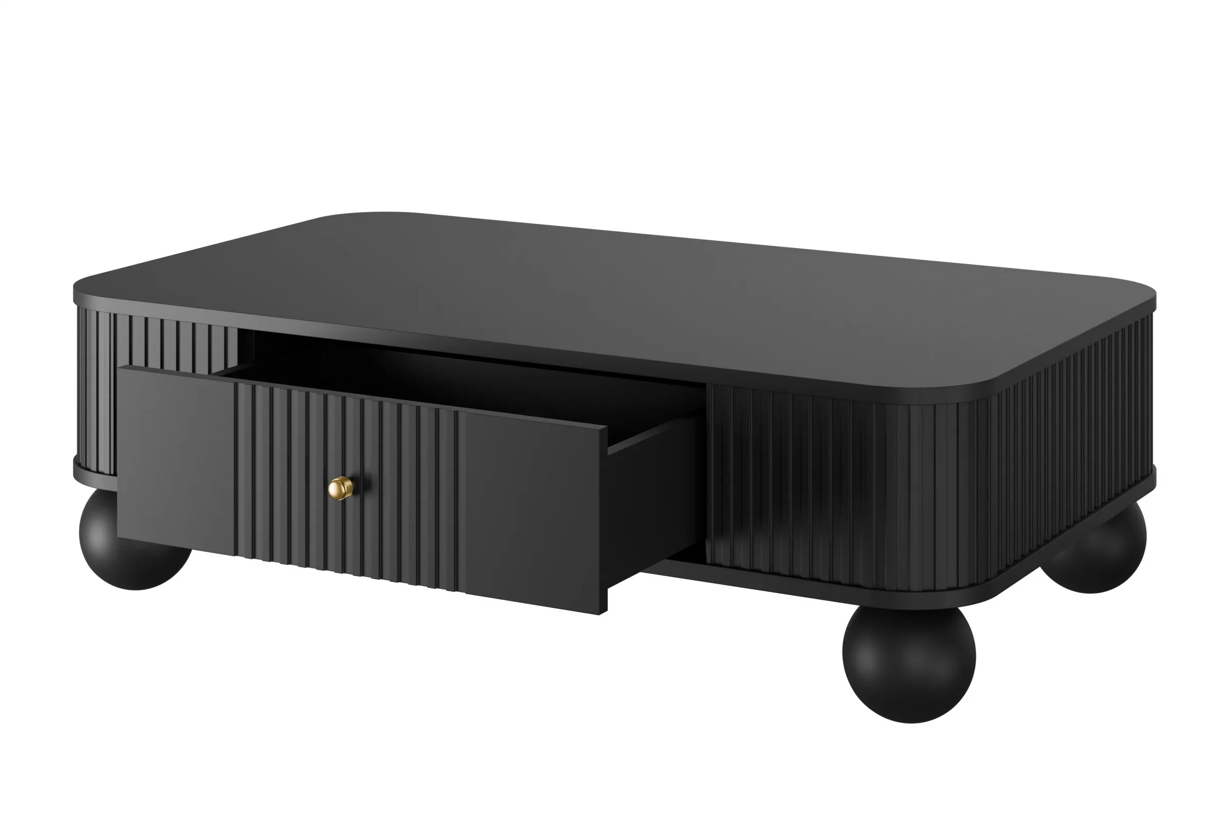 Stolik kawowy z szufladą VESPER 103 ryflowany front czarny złote uchwyty nogi kule - B_163819