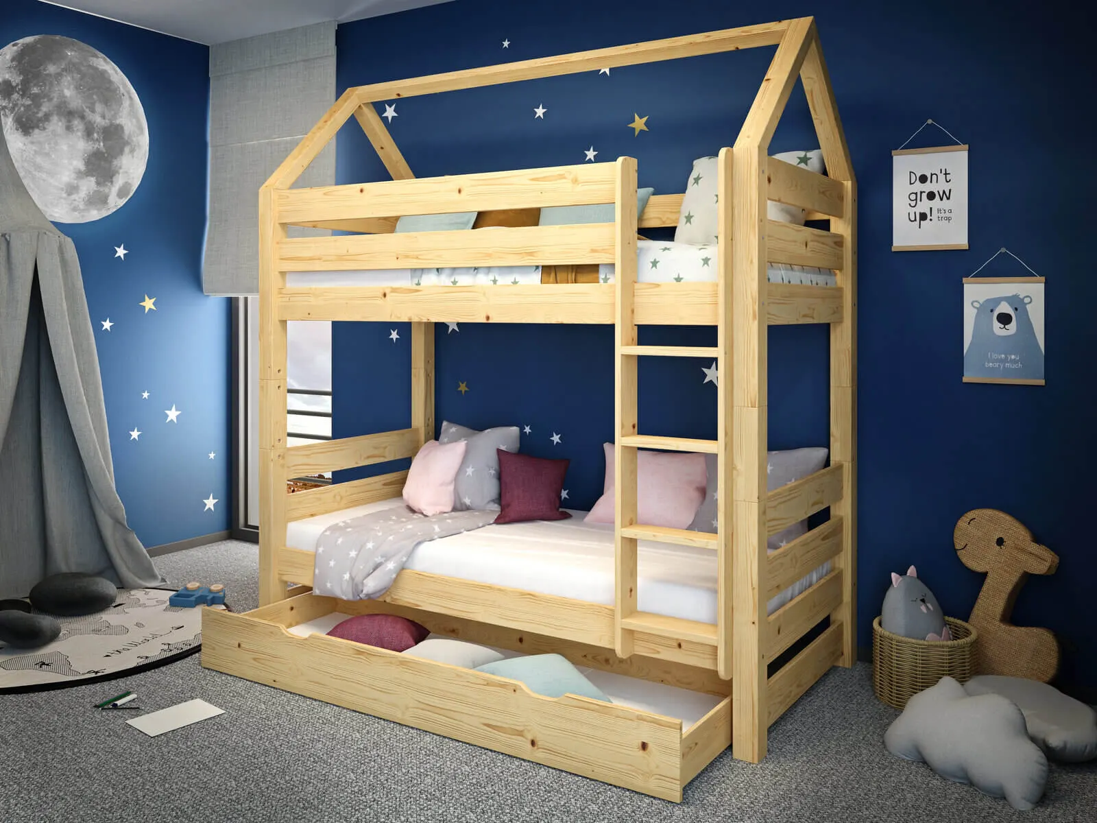 Łóżko piętrowe z daszkiem COSY HOME 90x200 naturalne - LPCOSYHSOS90