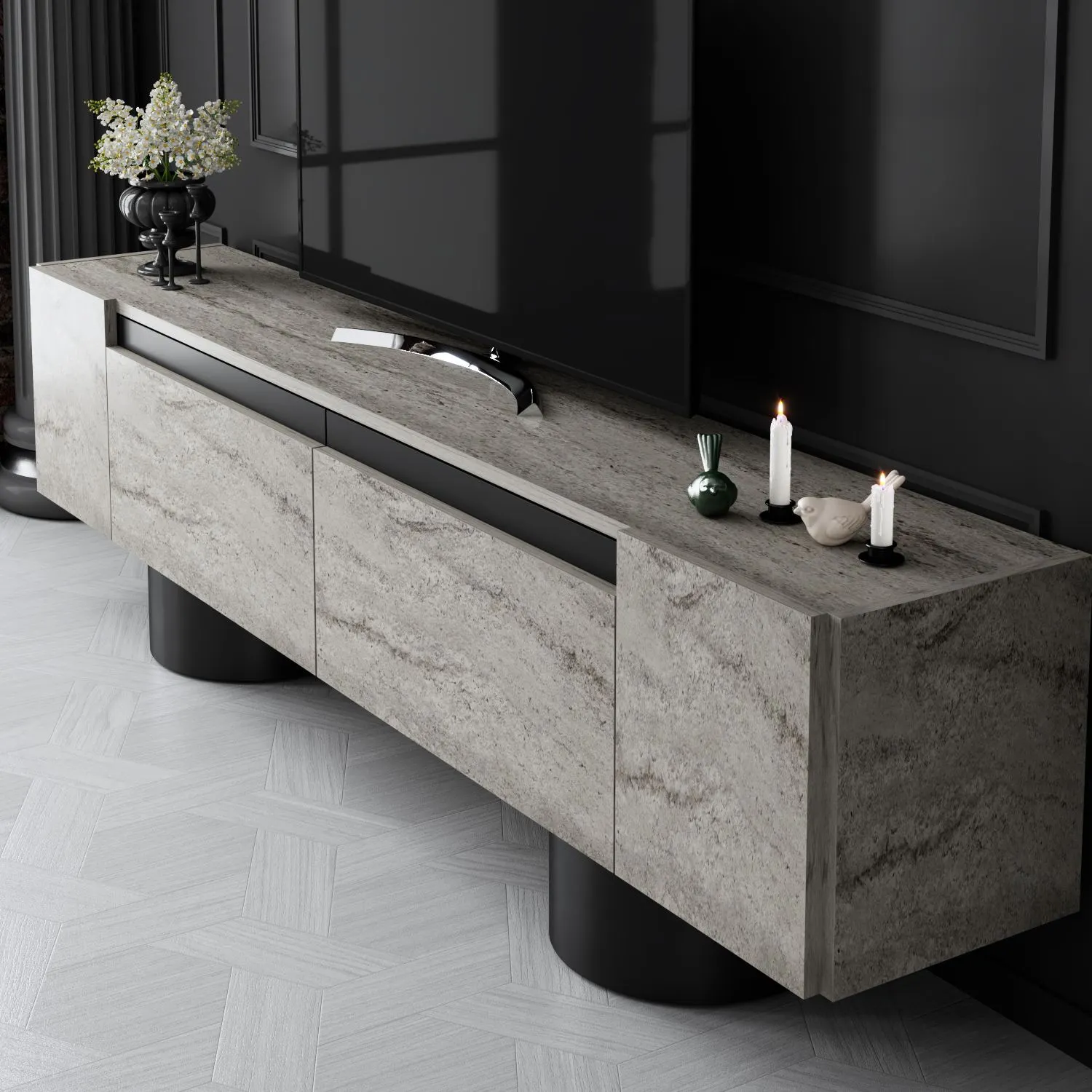 Szafka RTV z 2 klapami na blaszanych nogach BOHEM 180x50x30 cm trawertyn czarny stelaż - ASI_618BLY1268