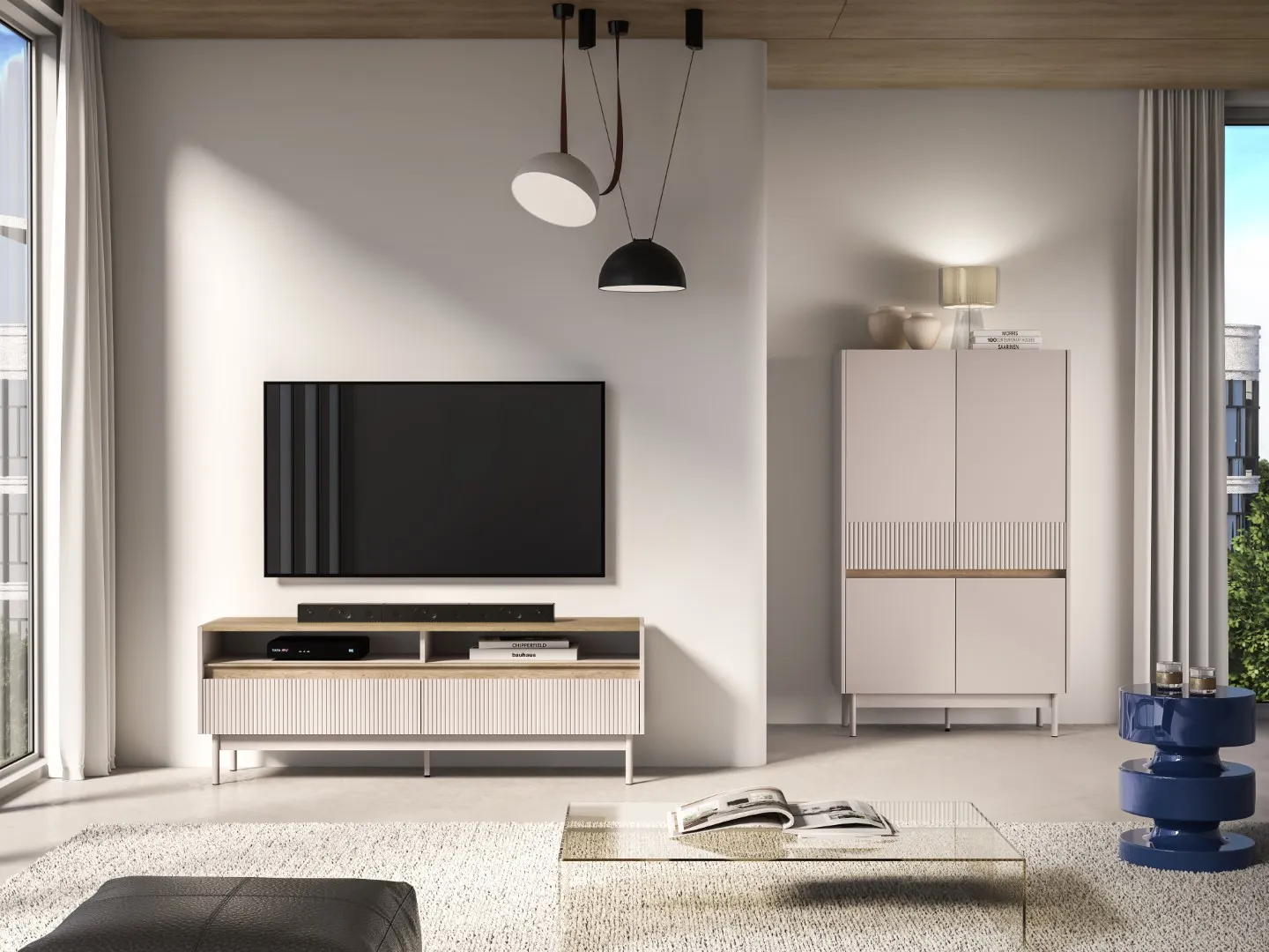 Szafka RTV z szufladami DUNEA 154x55 ryflowana kaszmir - dąb cremona - 1DUNE07-001