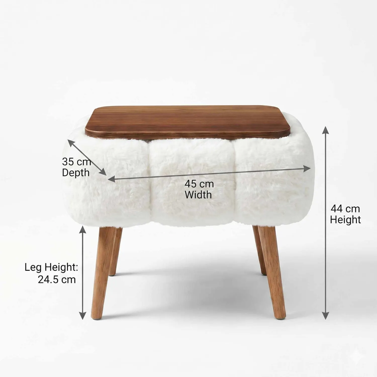 taboret, miękka podstawa, drewniane nogi, białe futro, stolik z futrem