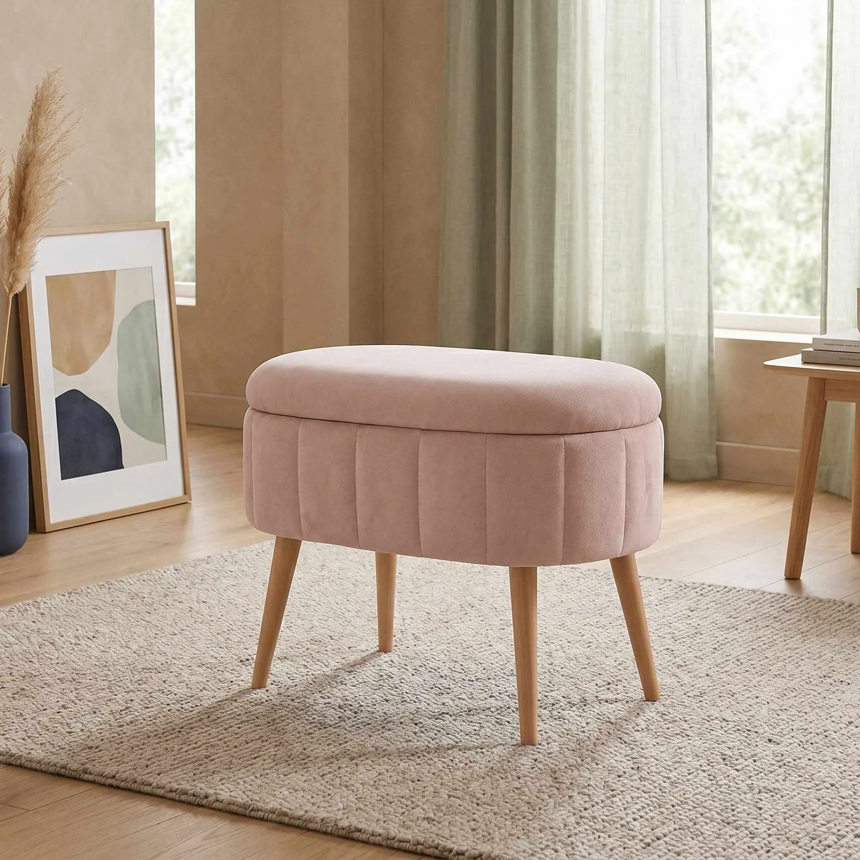 image stolik ottoman, pufa, różowy, sofa-stolik, drewniane nogi