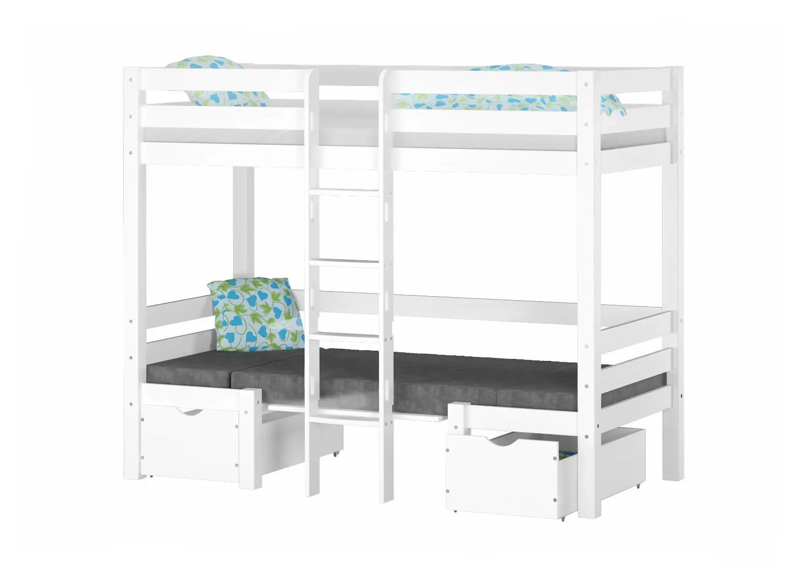 Łóżko drewniane piętrowe DOUBLE ze stelażem i siedziskiem białe - LPDOUBLEBIA90