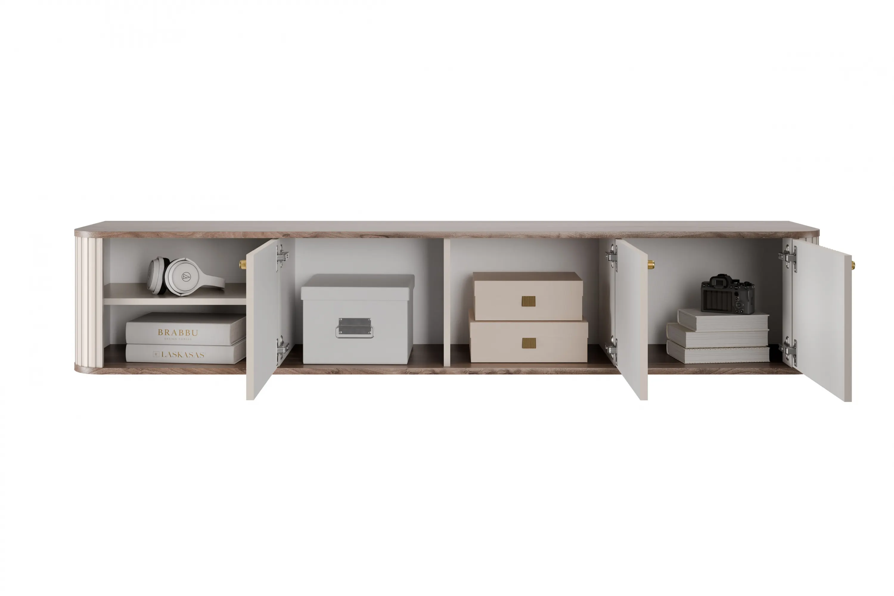 Szafka RTV wisząca 3-drzwiowa VESPER RTV 187 ryflowany front cashmere orzech złote uchwyty - B_163684