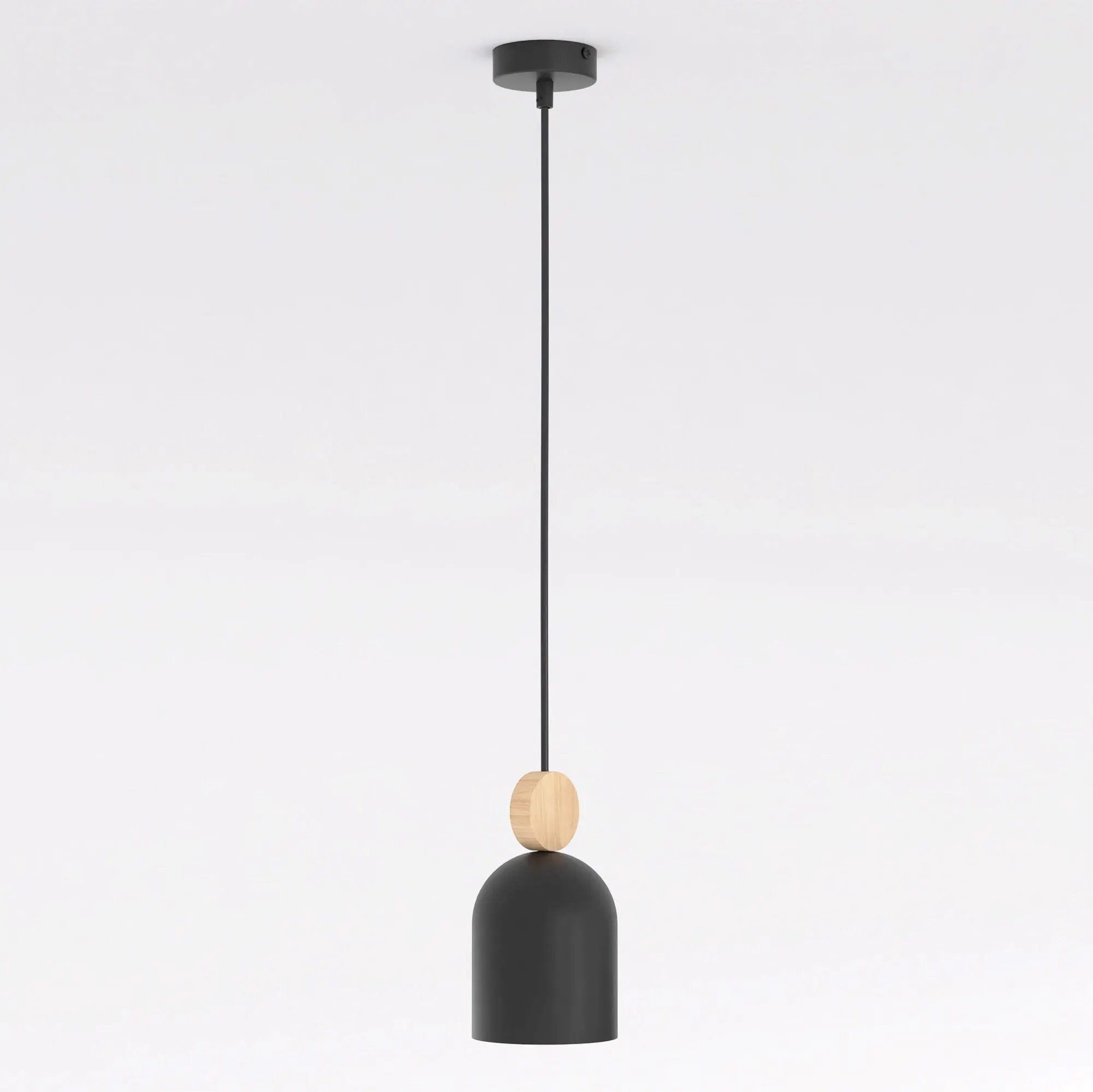 image lampa wisząca, czarna lampa, metalowa lampa, drewniany element, minimalistyczna dekoracja