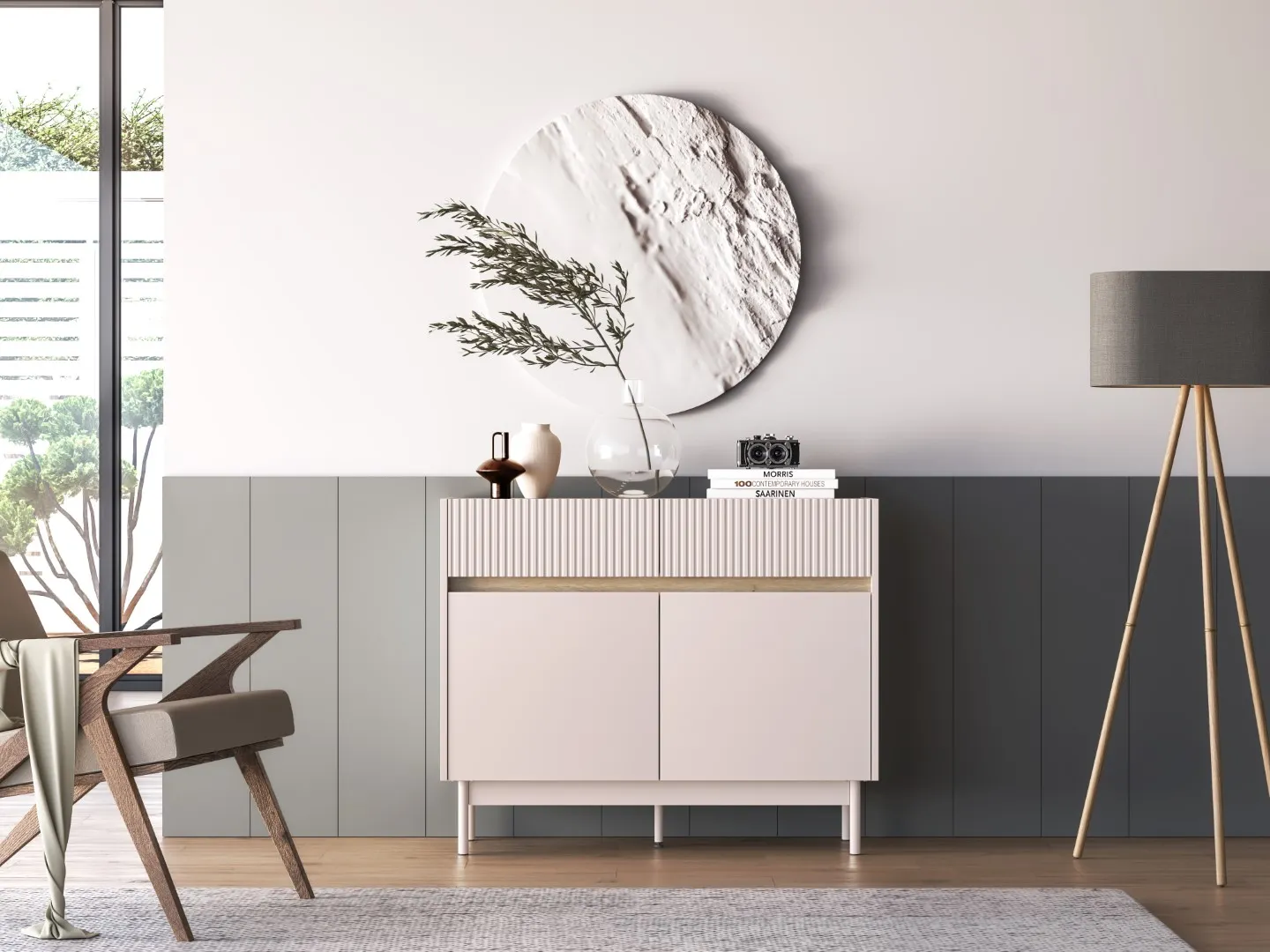 Komoda 2-drzwiowa z szufladami DUNEA 104x85 ryflowana kaszmir - dąb cremona - 1DUNE06-001