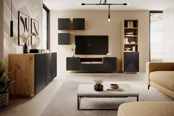 Komoda ASHA 167 z szufladami - czarny mat - dąb artisan - ryflowany front - cokół - B_149614