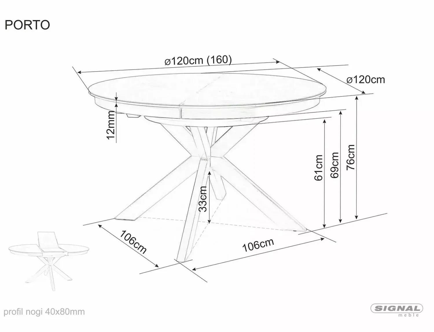 Stół rozkładany PORTO CERAMIC 120x120(160) efekt marmuru ciemnoszary - PORTOCC120