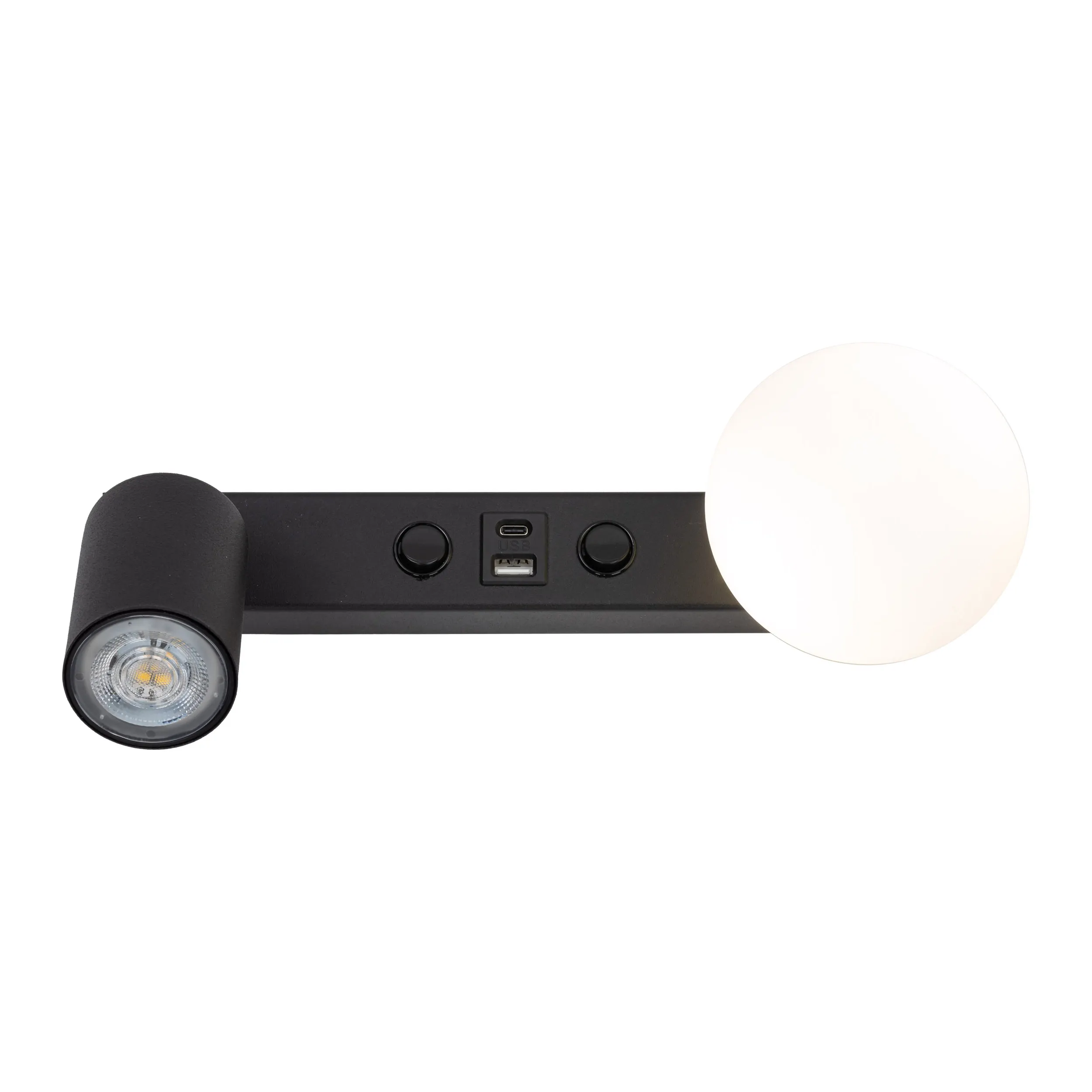 Kinkiet VOX czarny z białym okrągłym kloszem oraz regulowaną lampką do czytania niezależnymi włącznikami i gniazdami USB-A i USB-C 35x14cm - TK_10152