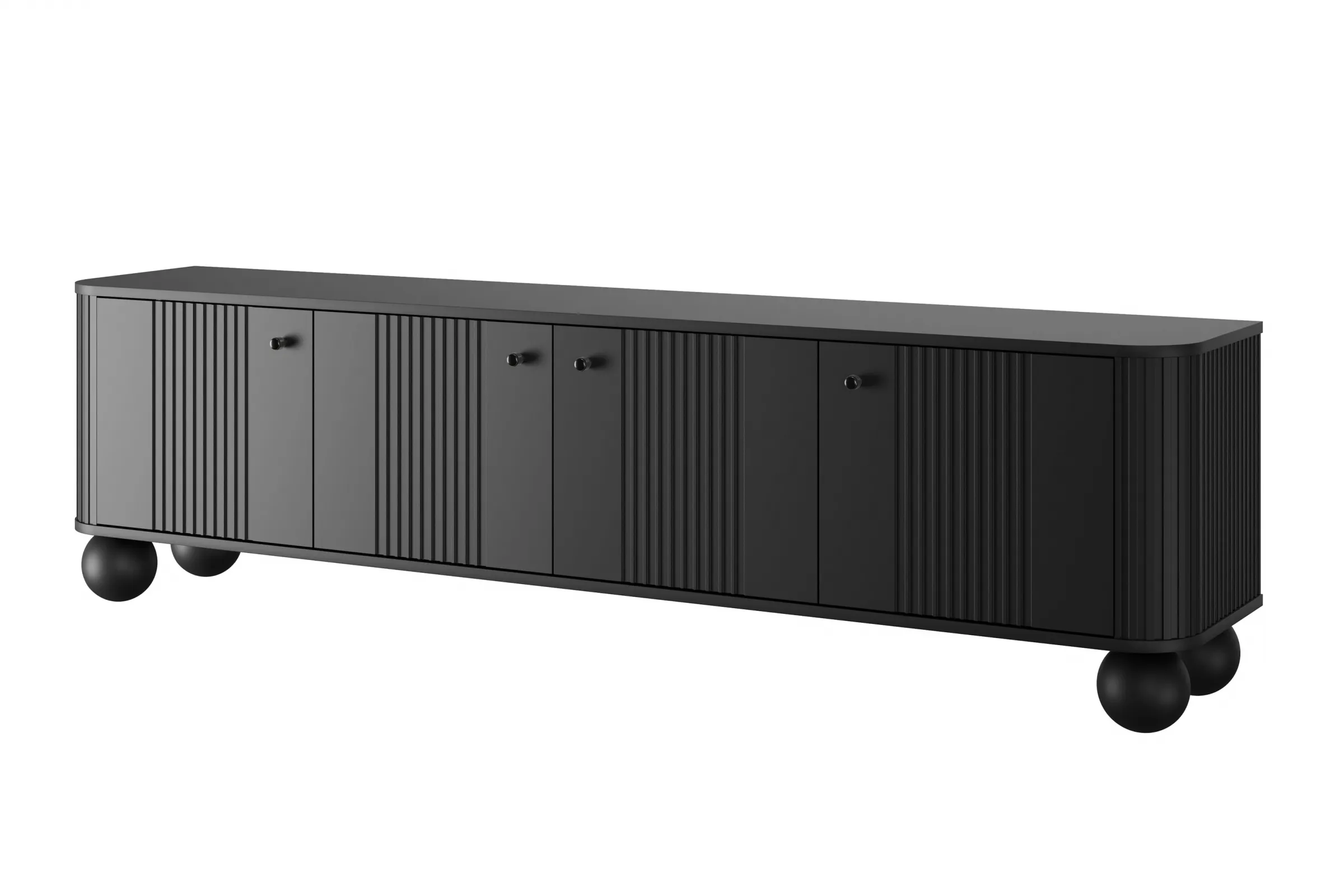 Szafka RTV 4-drzwiowa VESPER RTV 187 ryflowany front czarna czarne uchwyty nogi kule Meble, Kredens, Łóżeczko, Łóżko dziecięce, Gabinet