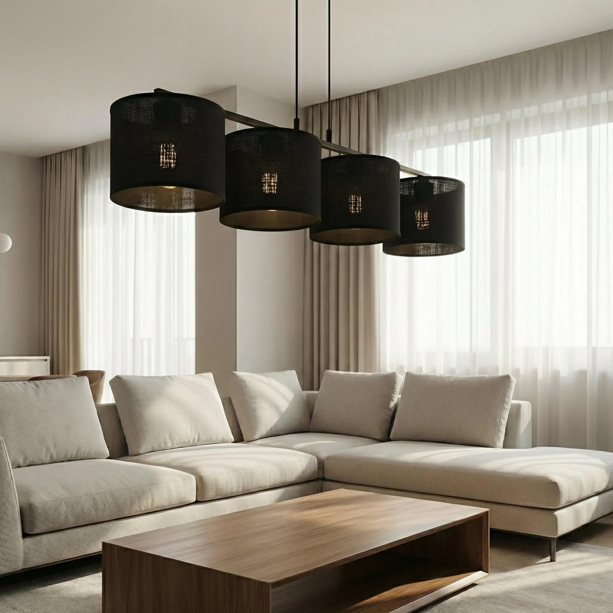 lampa wisząca, czarne abażurowe, salon, sofa narożny, stolik kawowy