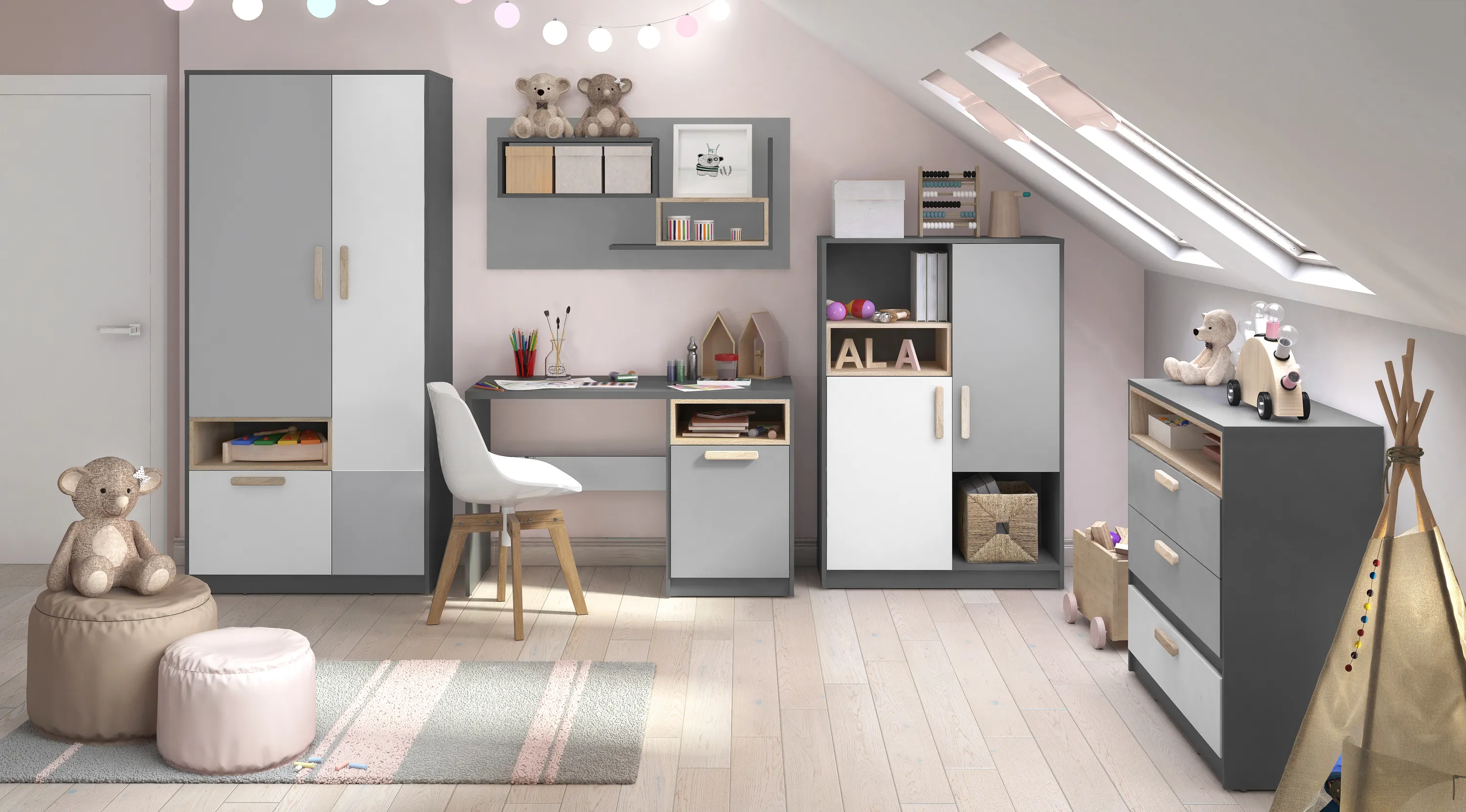 Biurko Pok PO-09 120cm grafit/buk ibsen/szary jasny - PO9GBS