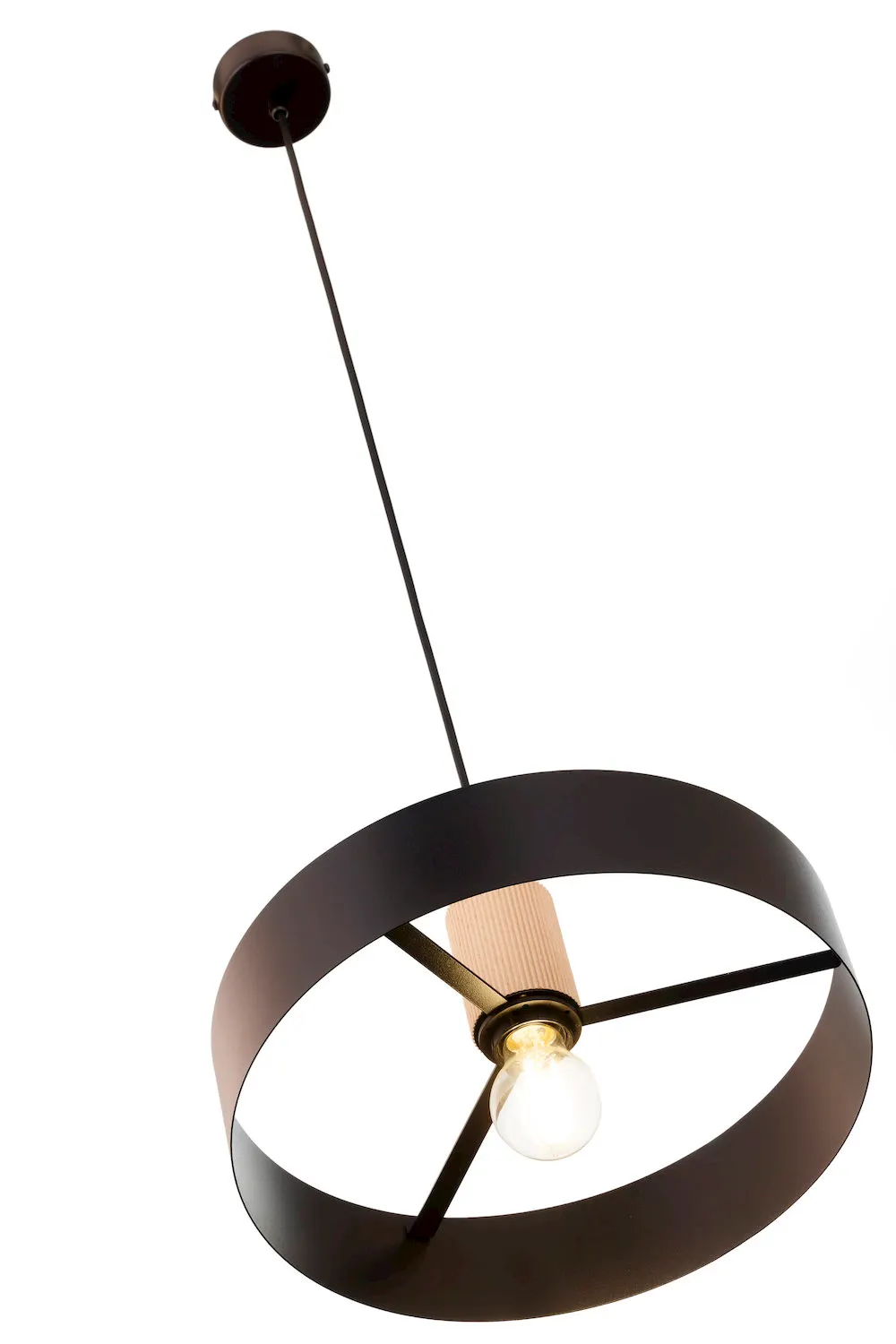 image lampa wisząca, kula metalowa, korpus okrągły, czarna oprawa, żarówka E27