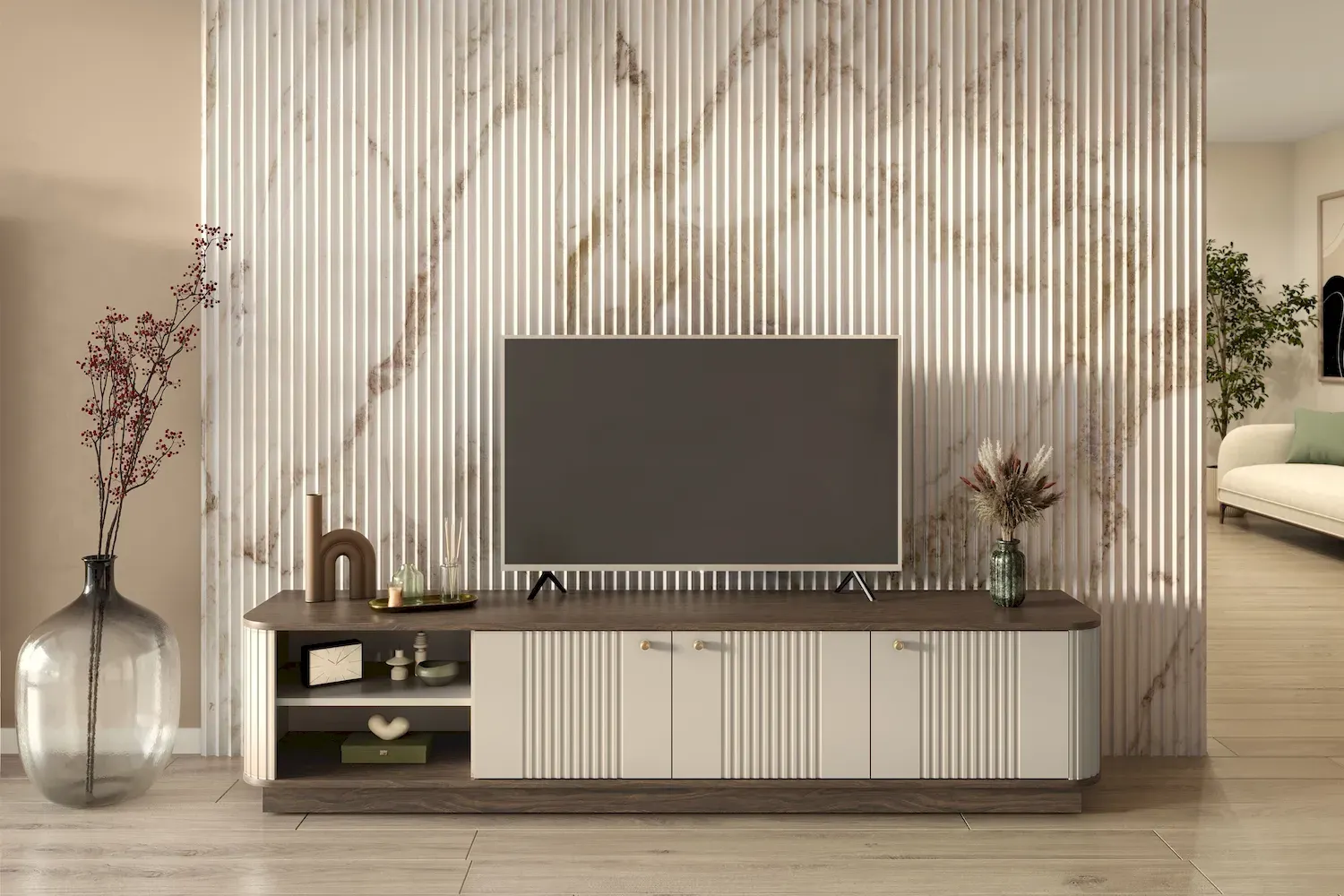 Szafka RTV 3-drzwiowa VESPER ryflowany front - cashmere orzech złote uchwyty cokół - B_169447