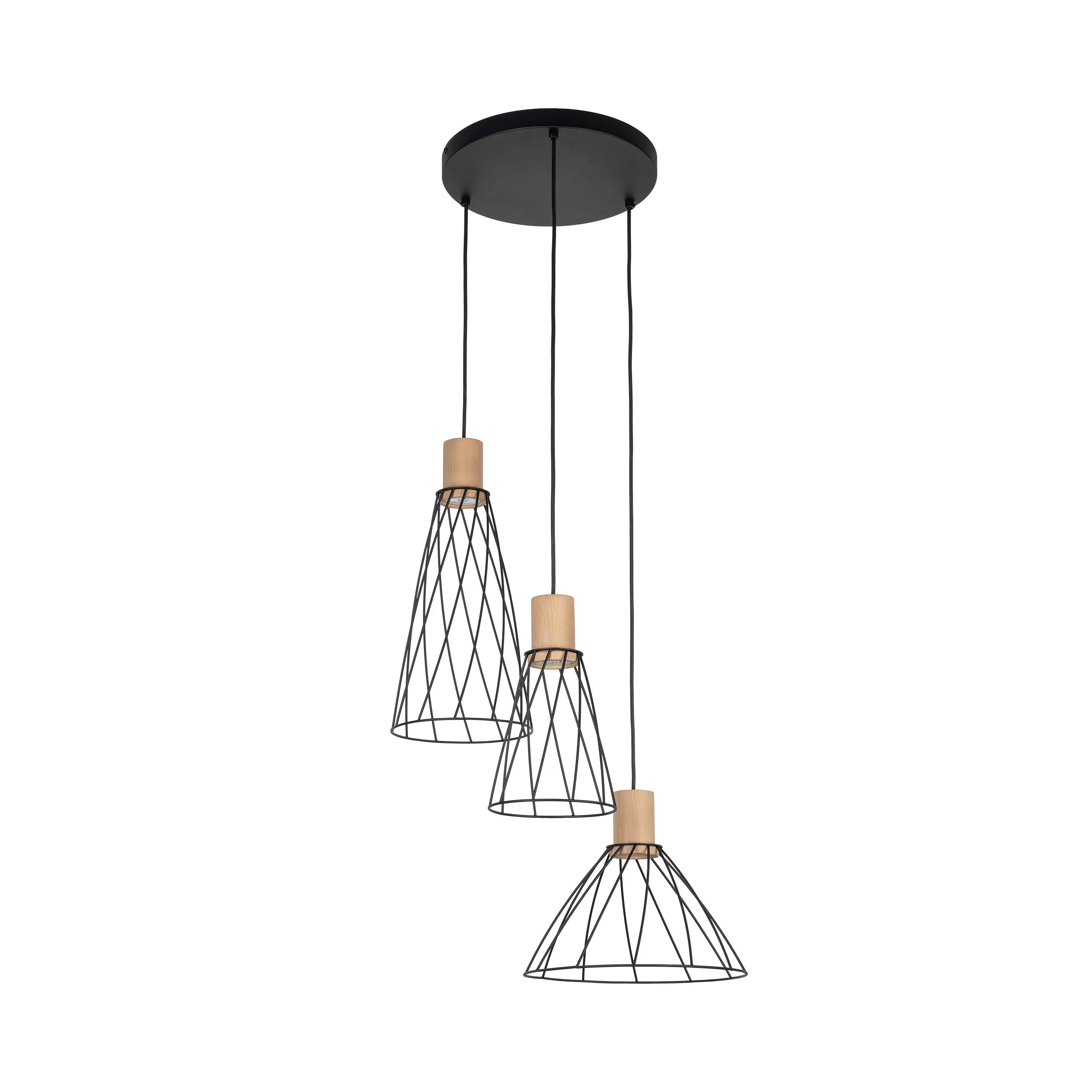 Lampa wisząca MODESTO czarna z drewnianymi elementami z sosny klosze różnokształtne 120x50cm - TK_10188