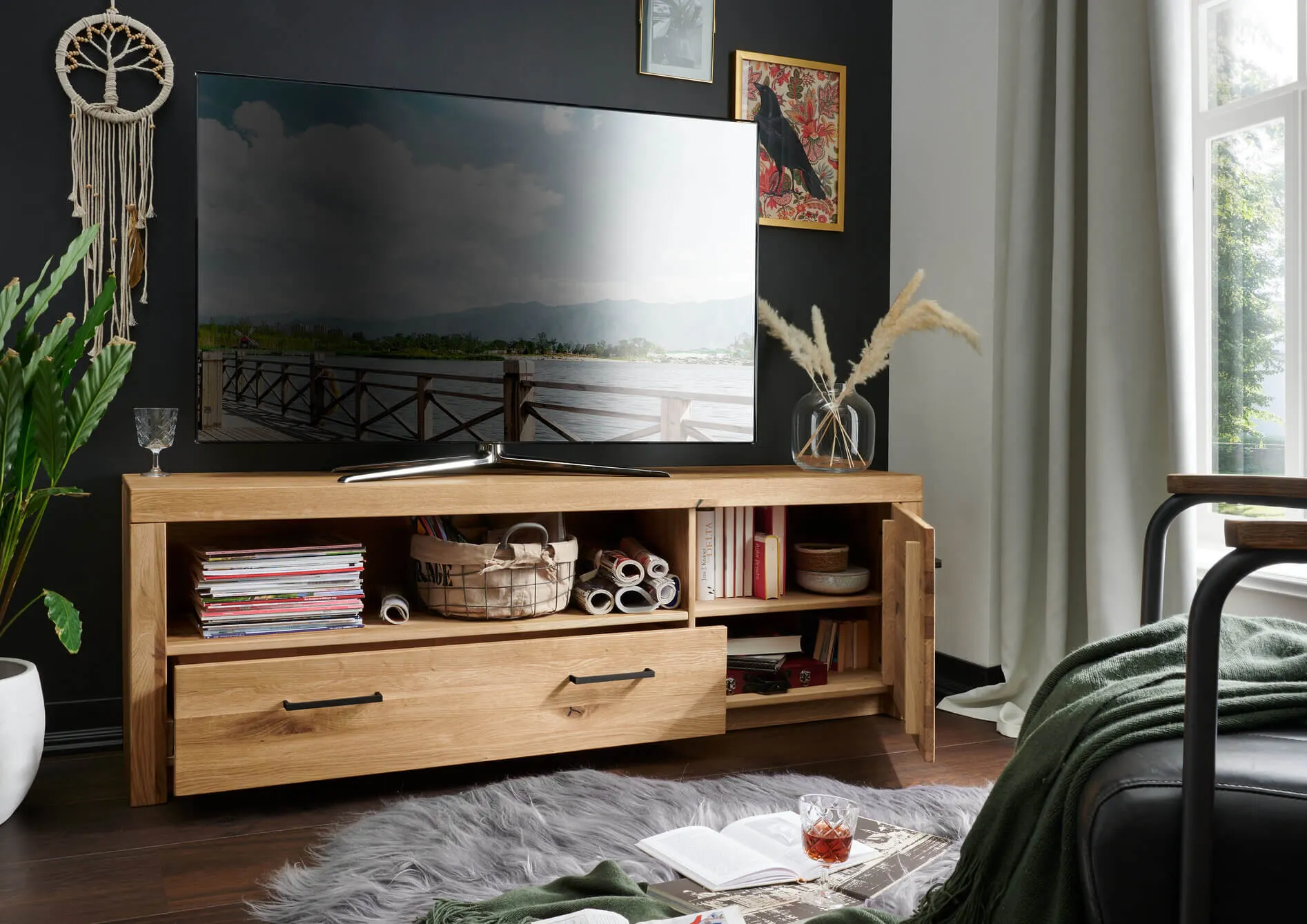 Szafka rtv z szafką i szufladą dębowa DOVE 170x56 - GK_1031691101