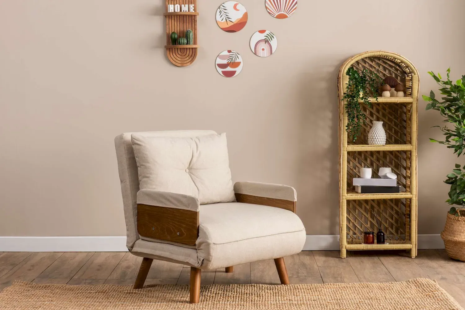 Fotel rozkładany COSMO Single drewniane podłokietniki kremowy - ASI_859FTN2336