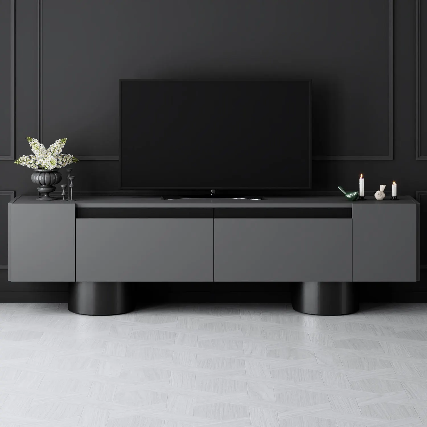 Szafka RTV z 2 klapami na blaszanych nogach BOHEM 180x50x30 cm antracyt czarny — zdjęcie 4