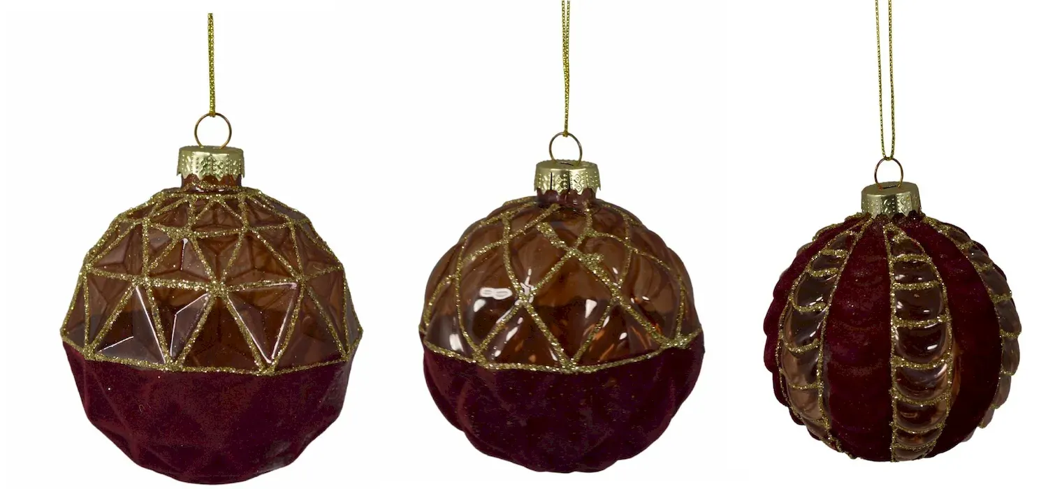 Bombki szklano-welurowe 12 sztuk burgundowo-złote