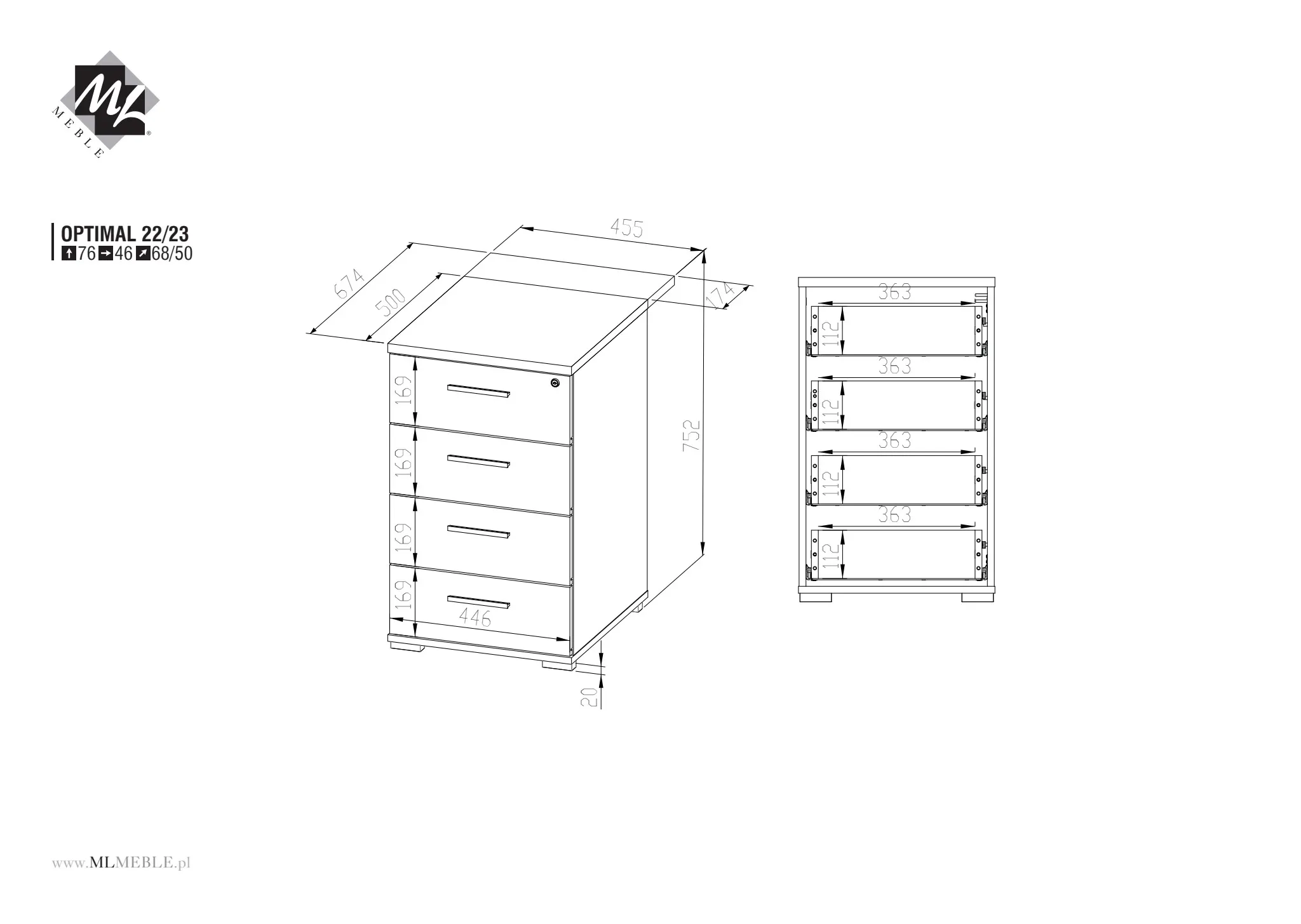 32959-kontenerek-do-biurka-optimal-23-sonoma-jasna-ml-meble Kontenerek do biurka z 4 szufladami - zamek centralny OPTIMAL 23 Dąb sonoma jasna 76x46x50 - 1OPTI2301-005