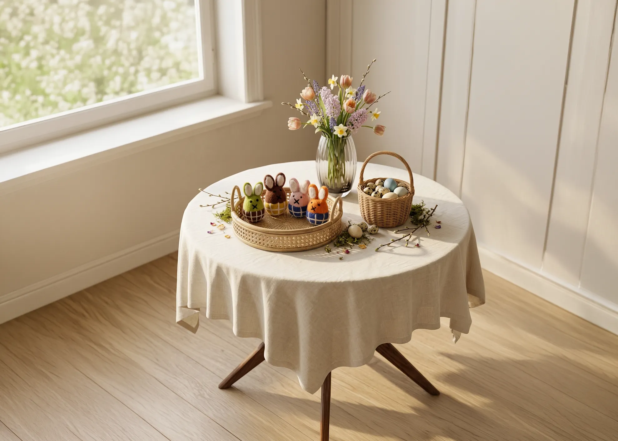 image stół, obrus, wielkanoc, dekoracja, koszyk jajek
